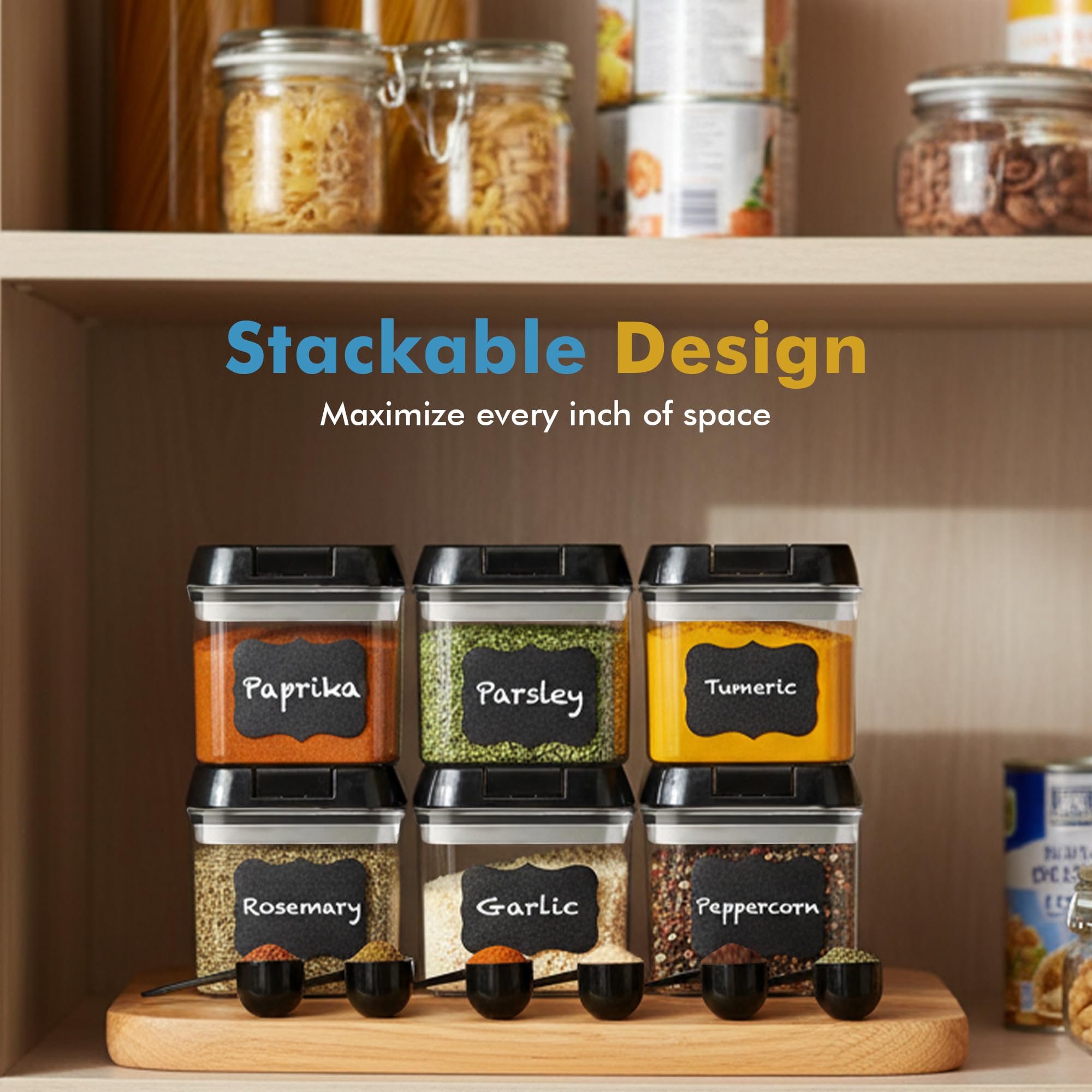 Shazo Juego de 6 mini recipientes herméticos + 6 cucharas, recipientes de plástico transparente duraderos para almacenamiento de alimentos con tapas, recipientes de despensa para armario de cocina