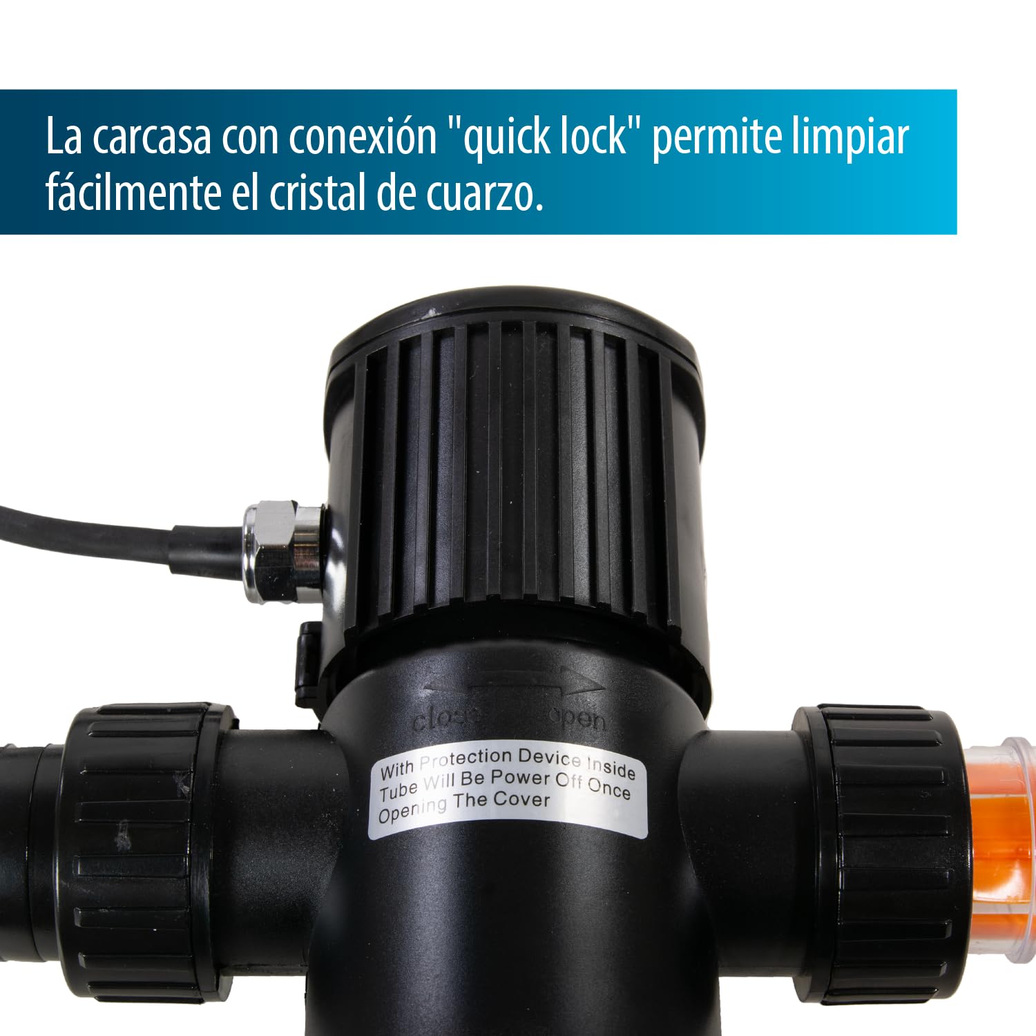 AquaForte GUV-211 UV-C, máx. Estanque 12 m³, Flujo máximo 1,7 m³/Hora, 11 W, Carcasa con conexión Quick Lock, Equipado con 3 Conexiones: 3 boquillas de Manguera 20/25/32/40 mm y Vidrio de visión UV