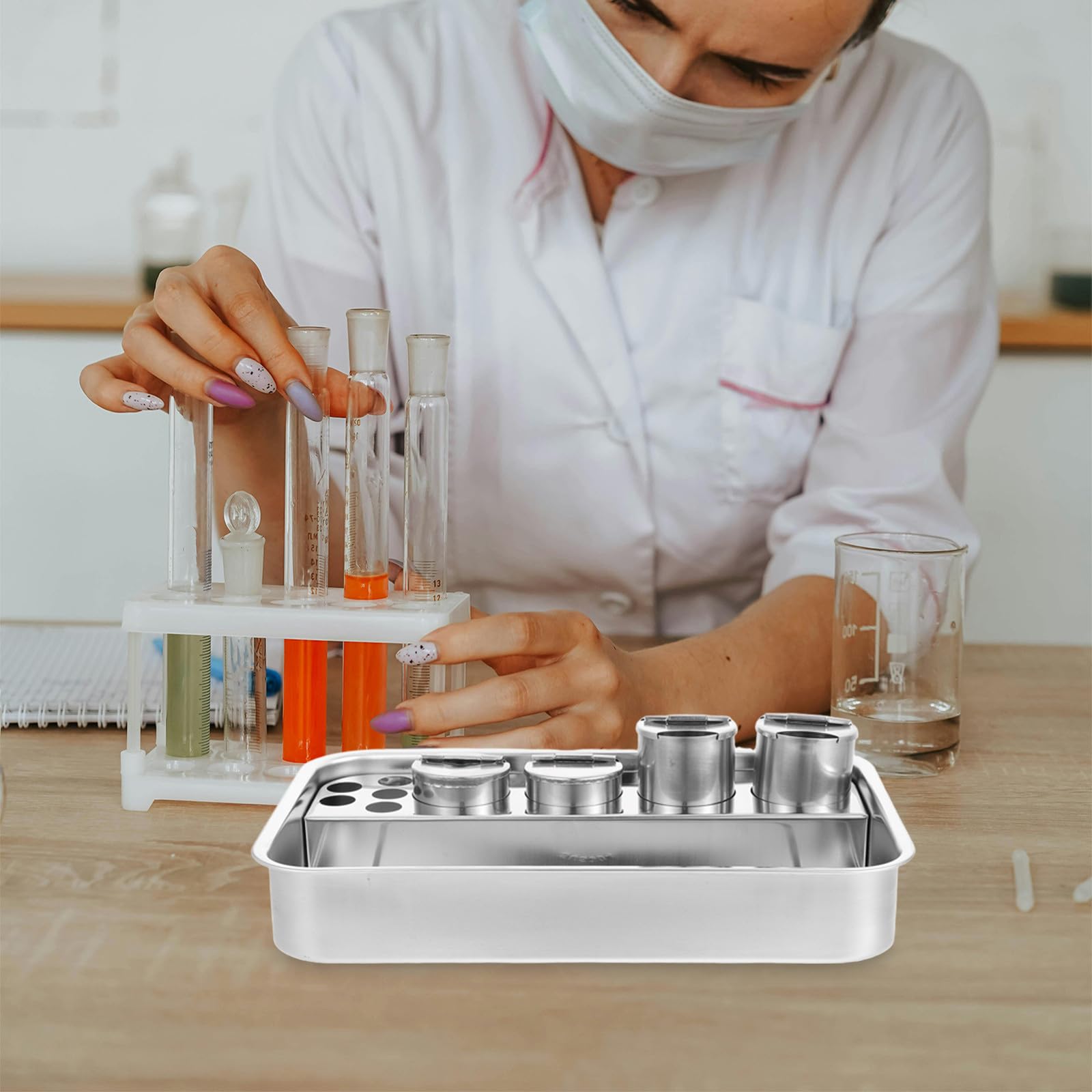 SHINEOFI Bandeja de Médica de Acero Inoxidable 304 Bandeja Rectangular 4 Orificios para Frascos Equipo Profesional para Hospitales y Clínicas para Curas