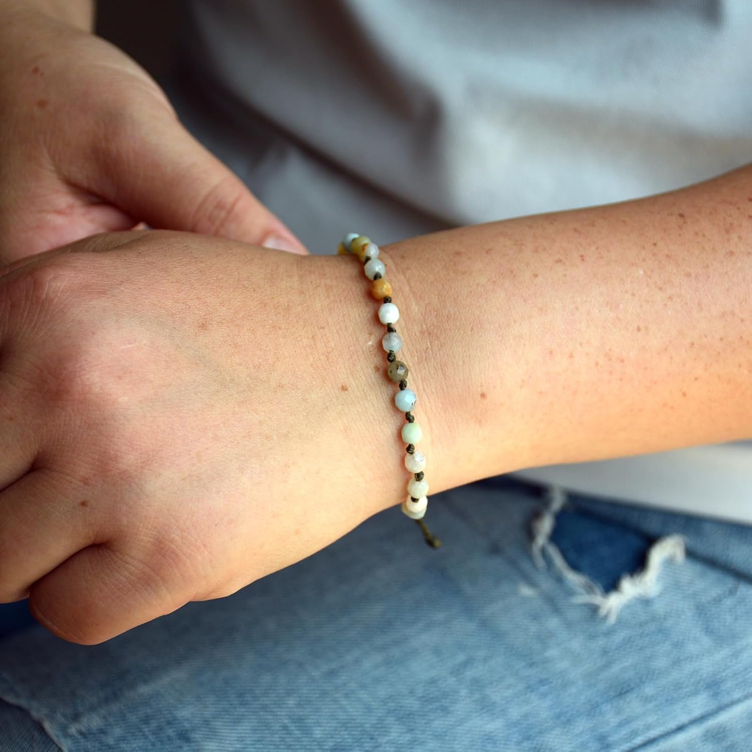 Ganbatte Natural Faceted Gemstone Bead Bracelet, Adjustable Waterproof Wax Cord, Hand-Knotted Design - Image 2