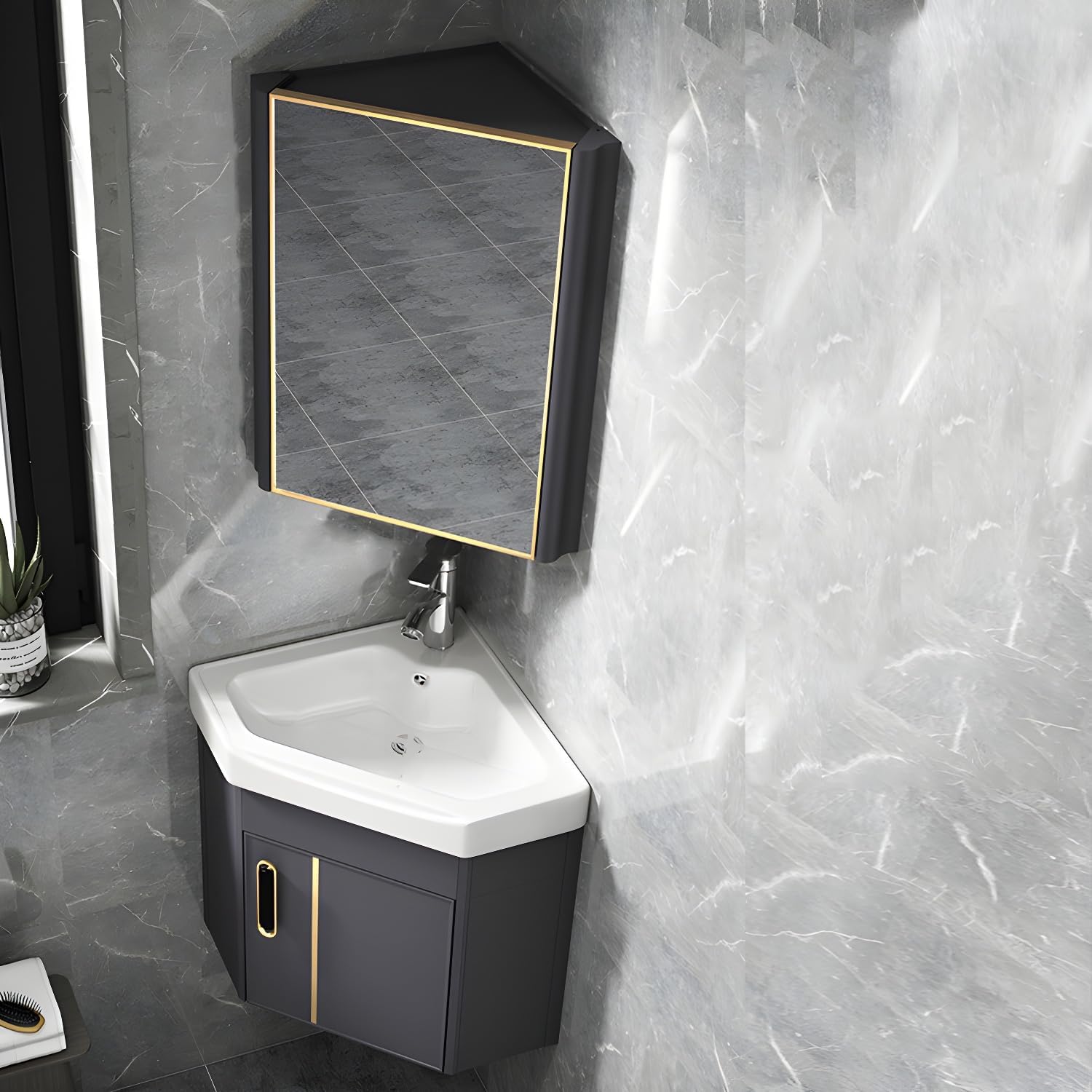 LITFAD Wall Mounted Corner Vanity installed in a modern gray bathroom corner.