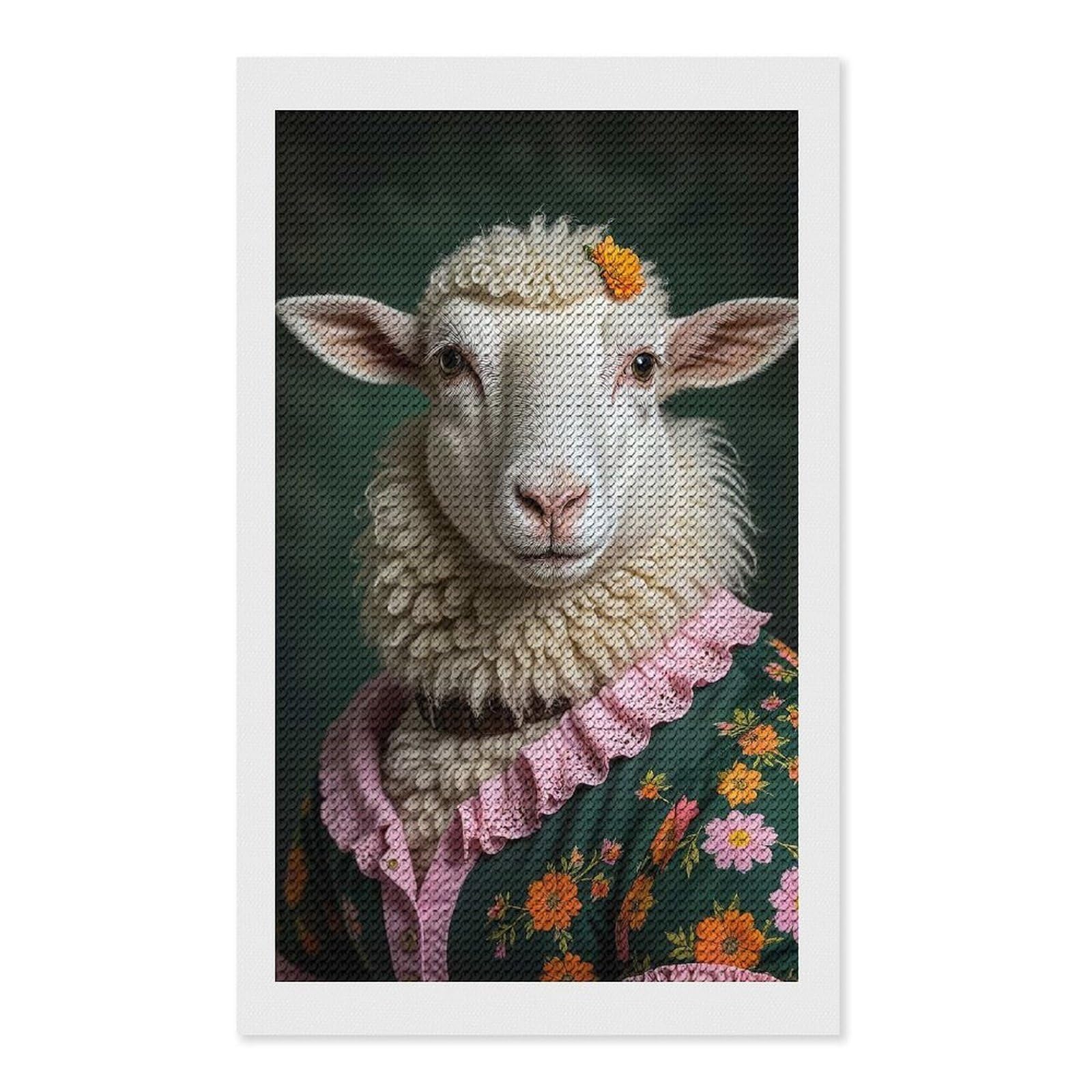 Junmoney Sheep in Floral Dress Diamond Art Canvas 12"x20", for Adults, Pleasing Wall Art Project, Modern Decor, Gift Idea, Nice Detail and Sparkle