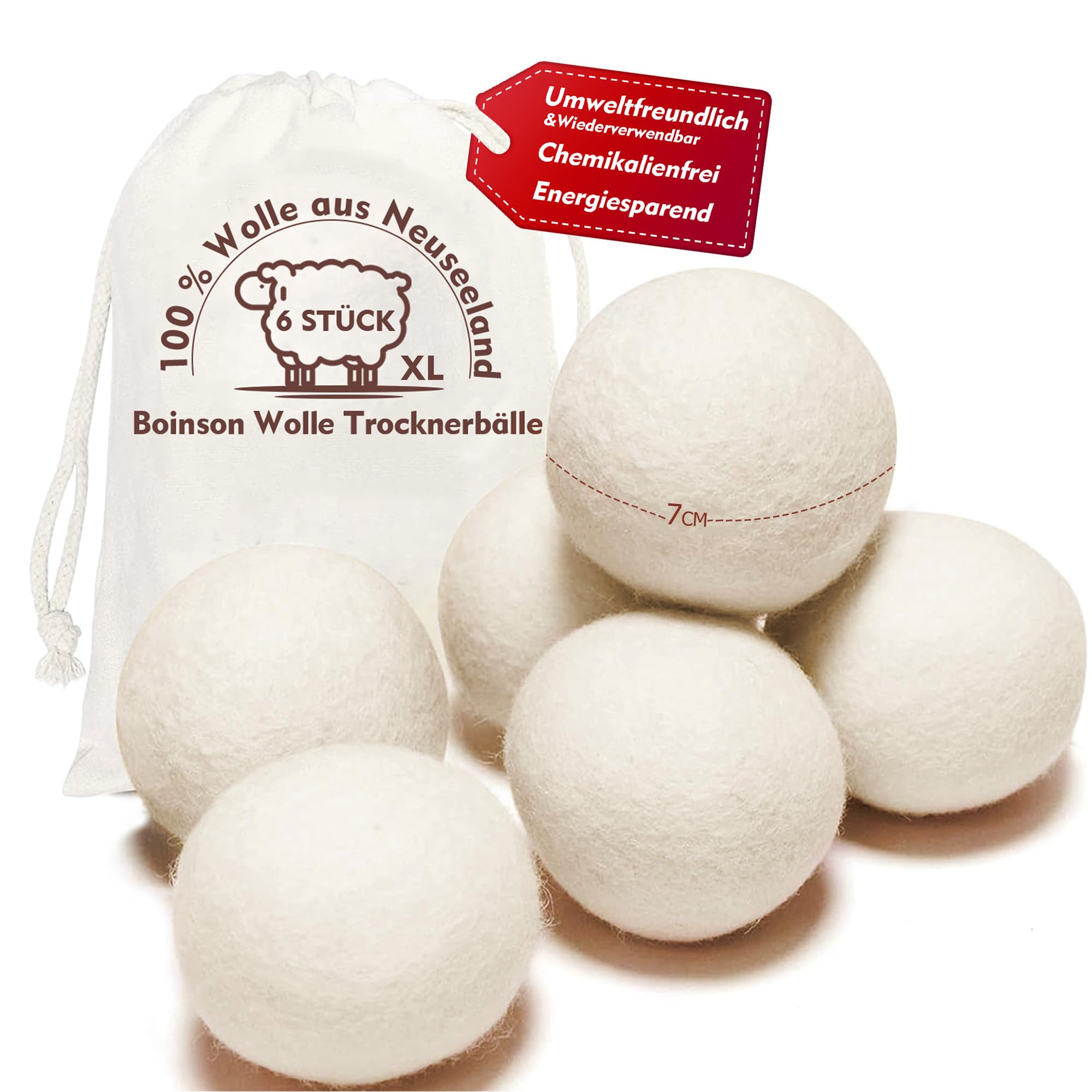 Trocknerbälle, 6 Stück 7cm Trocknerbälle für Wäschetrockner Wolle Schafwoll 100% Natürlich Chemiefrei trocknerball Wiederverwendbar Antistatisch Reduziert Falten und Trocknungszeit