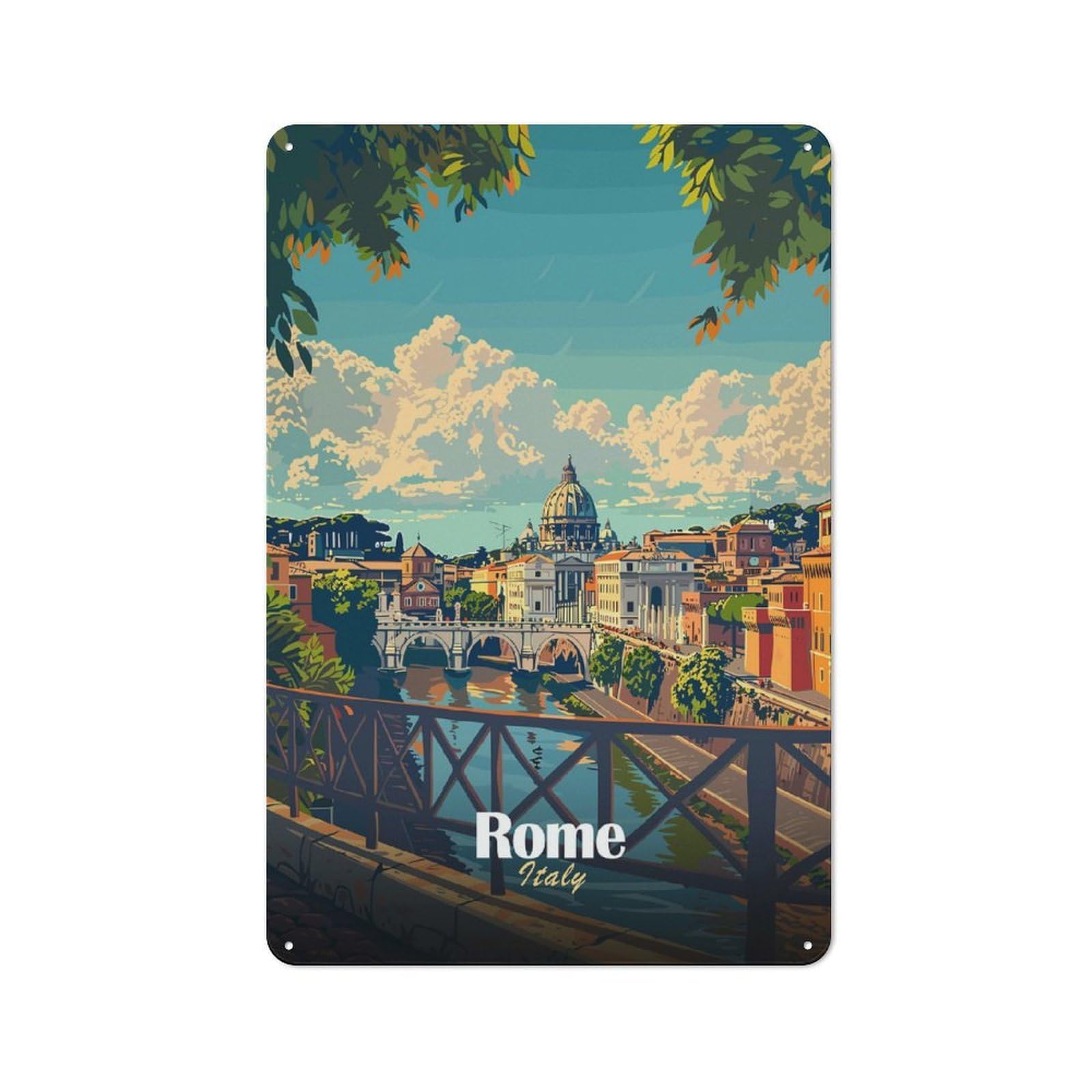 Shed Style Rustic Tin Sign 30x20cm Featuring Rome Cityscape, Utility Space Decor for Conservatory, Home Bar Or Utility Room