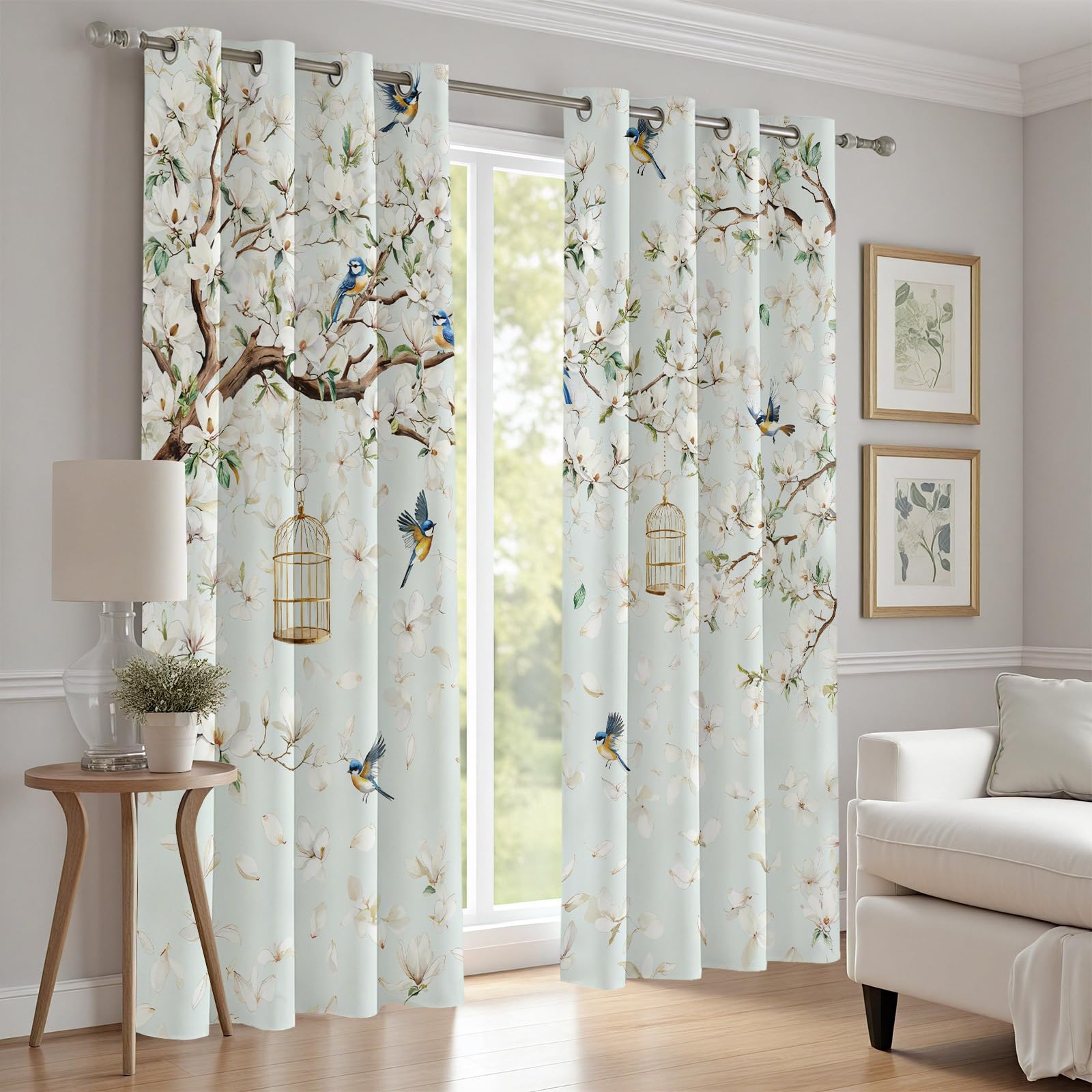 Blumen Vogel Vorhange Blickdicht 2er Set, Magnolie Floral Baum