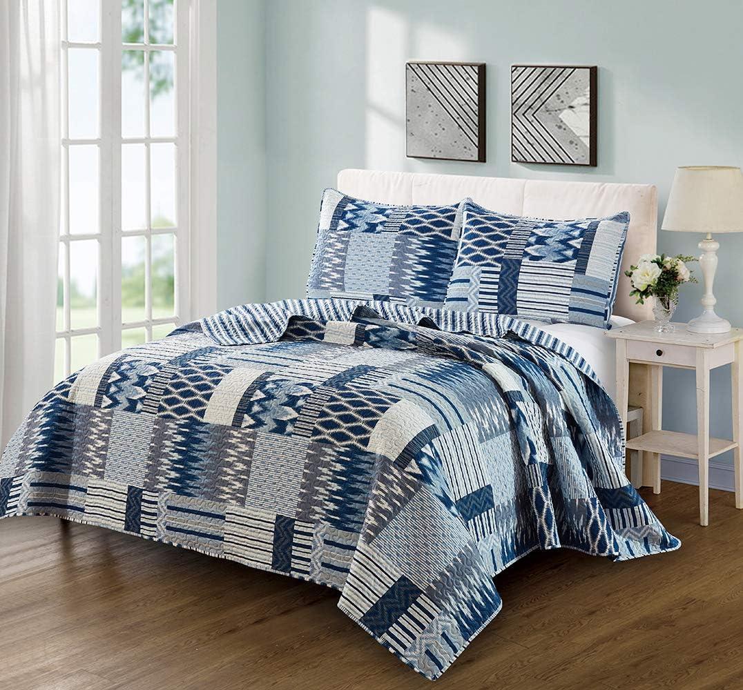 Bejimd Reversible Microfiber Quilt Set 3-Piece Full/Queen Size - Printed, Lightweight & Hypoallergenic All-Season Ultrasonic Bedspread Coverlet Set (Included 1 Quilt, 2 Shams)