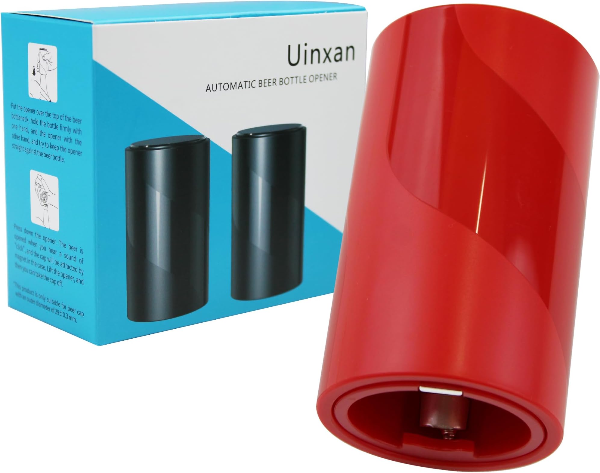 2 PACK Push Down-Pop Off Beer Bottle Opener with Magnetic Cap Catcher No Damage to Caps,Automatic Decapitator Beer/Soda Magnet Bottle Top Openers,One-Hand Easy/Funny Open,Cool Bar Tools (Red)