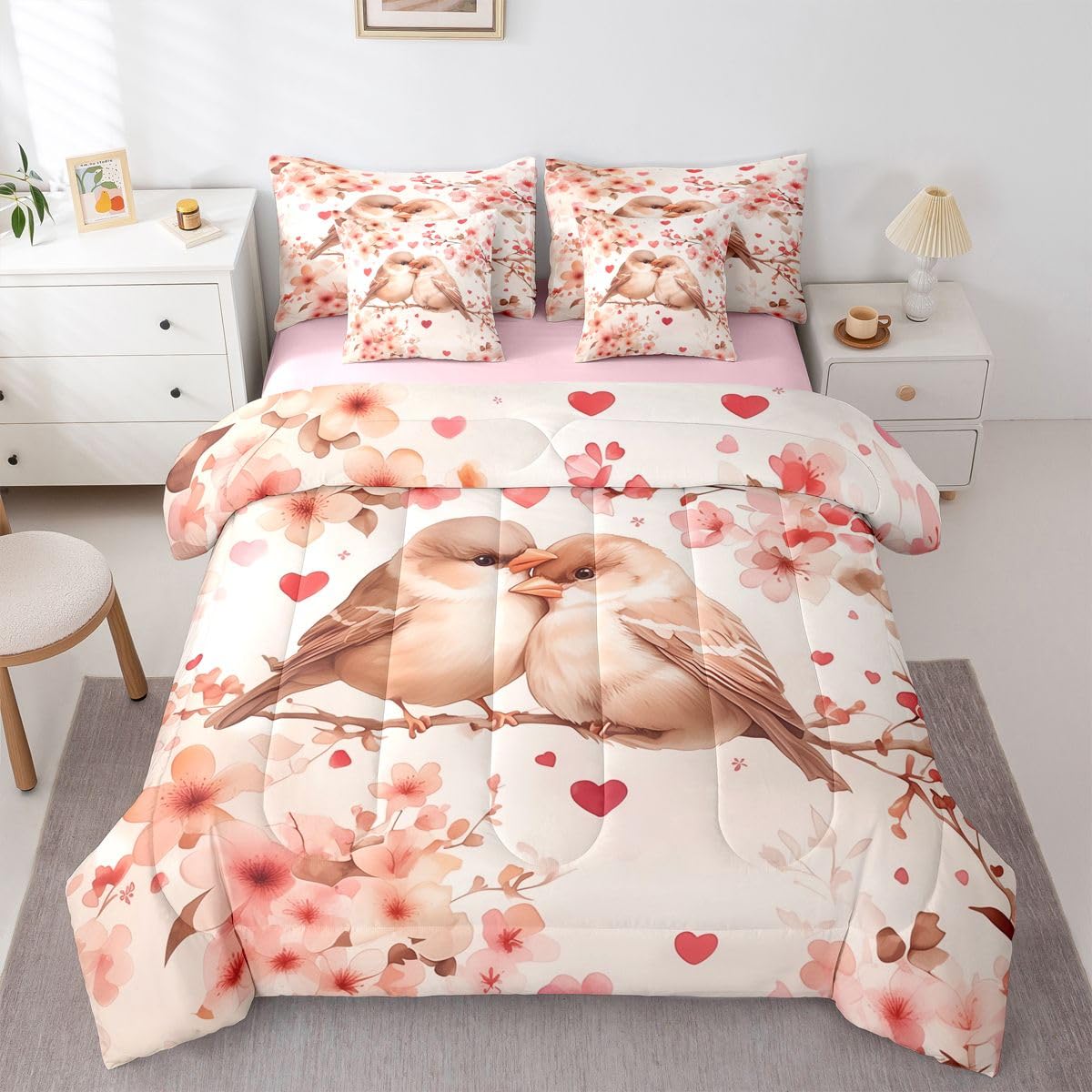 Erosebridal Chickadee 7 Piece Comforter Set King Bed in A Bag Pink Valentine Bedding Set for Girls Kids Love Heart Pattern Sheet Set with Comforter Heart Floral Spring Duvet Insert