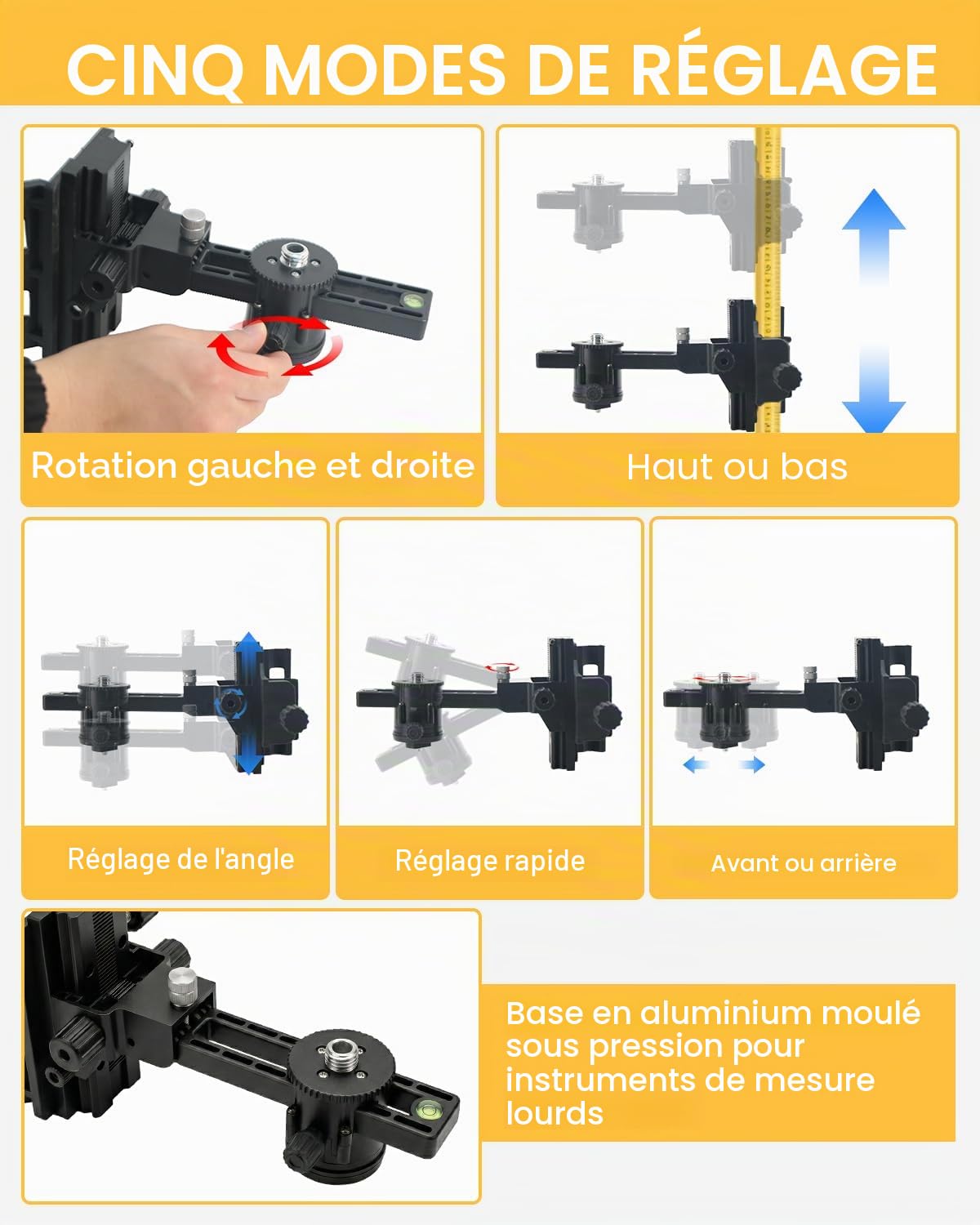 Perche de niveau laser réglable, perche télescopique de 3,65 m avec trépied pour lasers rotatifs et lasers de ligne, perche de montage laser avec filetage de 1/4"-20 et adaptateur de 5/8"-11, sac de