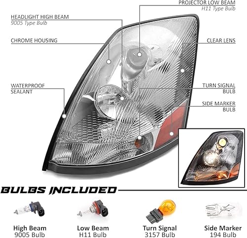 Epic Lighting Amxoe Replacement Chrome Bezel Headlights Assembly Compatible With Volvo Semi Truck Heavy Duty 2004-2018 Vnl 04-18 Vnm 04-15 Vn [ 82329127 Vo2503156 82329124 Vo2502156 ] Pair #TOP2