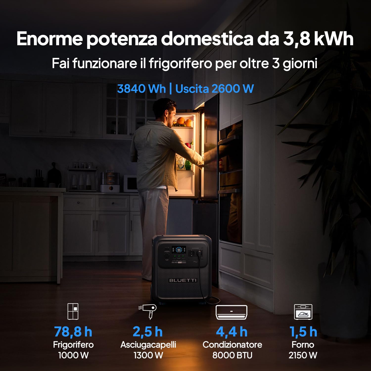 BLUETTI Elite 400 Power Station Portatile, Batteria LFP 3840Wh, 2600W AC (3900W Power Lifting), Generatore Solare ad alta capacità con ruote per backup domestico, blackout, camper e campeggio