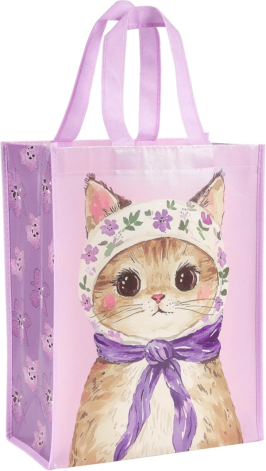 Loveinside Cat Reusable Gift Bag, Vinatge Floral Cat Design Medium Recycled Purple Pink Kitty Gift Bag for Girls, Kids, Birthday, Baby Shower, Party Favor, 10" x 5" x 13", 1 Pcs