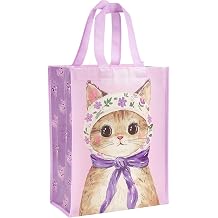 Loveinside Cat Reusable Gift Bag, Vinatge Floral Cat Design Medium Recycled Purple Pink Kitty Gift Bag for Girls, Kids, Birthday, Baby Shower, Party Favor, 10" x 5" x 13", 1 Pcs