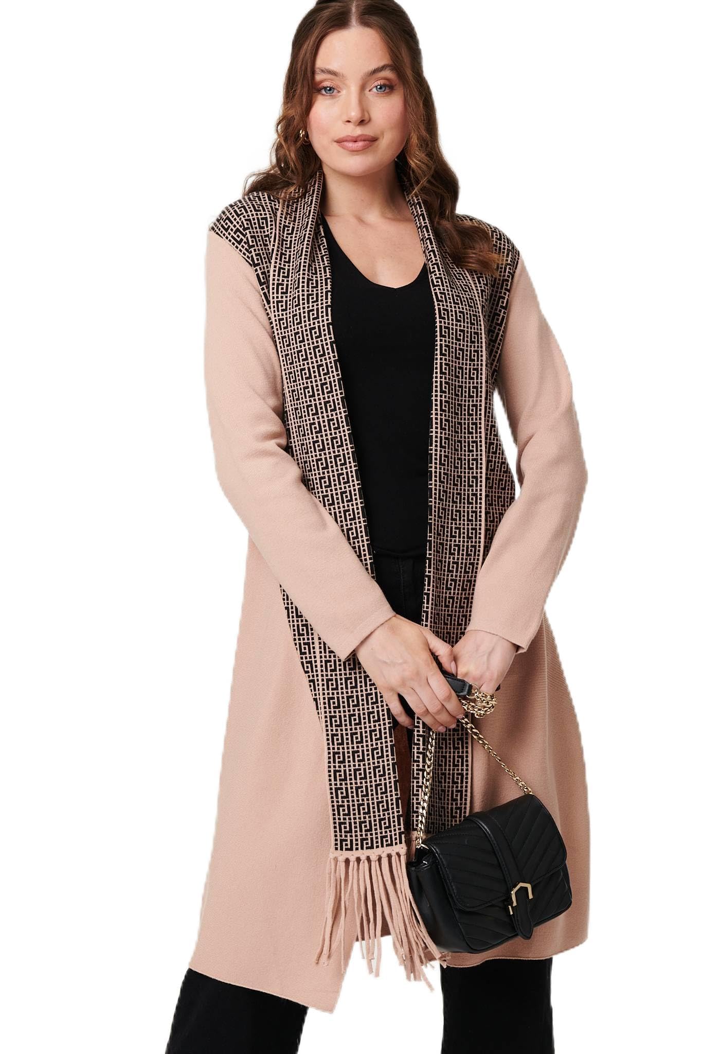 Izabel London Women's Beige Printed Fringed Scarf Detail Long Jacket In | : Large