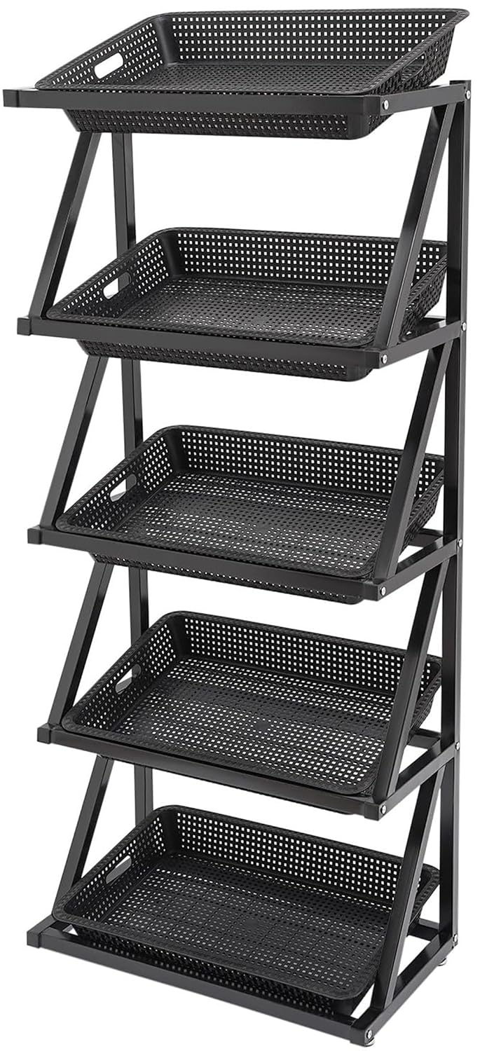 Brown Snack Shelf, 5-Tier Retail Display Rack for Supermarkets & Convenience Stores, Commercial Market Basket Stand, Kitchen Organization & Storage Solution(Black,Twin)
