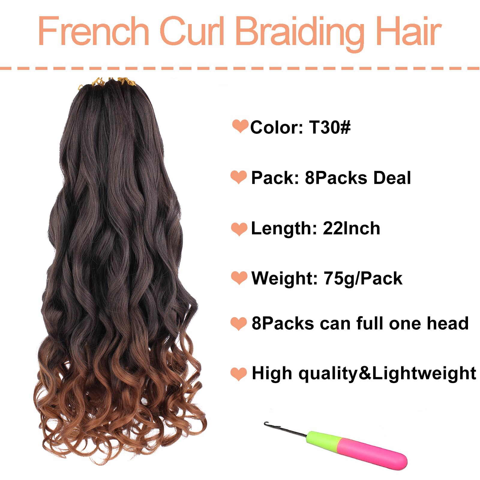 Mscat 22 Inch 8 Packs Pre Stretched French Curly Braiding Hair Loose Wave Bouncy Hair Extensions T30#, 22 Inch (Pack of 8) - Image 2