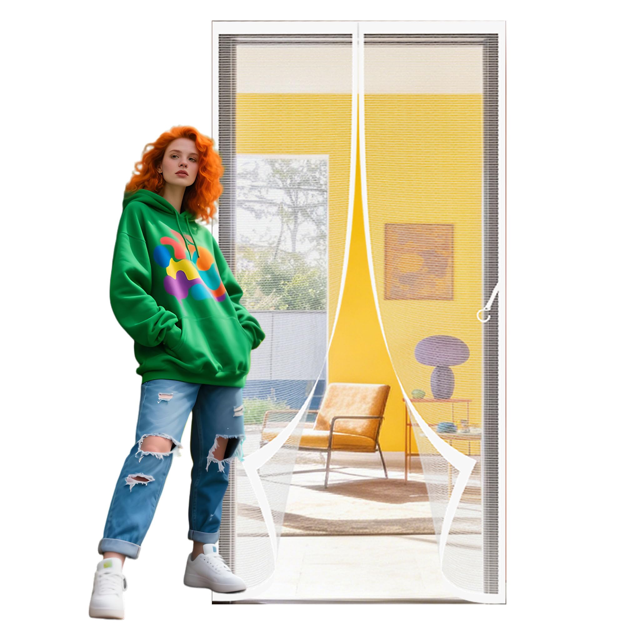 Door Screen 81 x 213 cm Hands Free Closing Screen Mesh Insect Protection Door Keep Fresh Air in Bugs Out Suitable for Balcony, Terrace, Cellar, Bedroom and Sliding Room, White