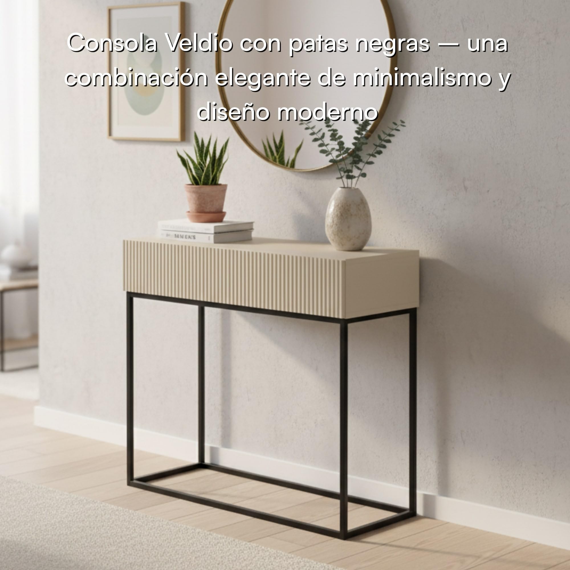 Selsey Consola Recibidor Mesa De Consola con Cajón De Lamas Patas Negras 90 x 79 cm Beige Gris Veldio