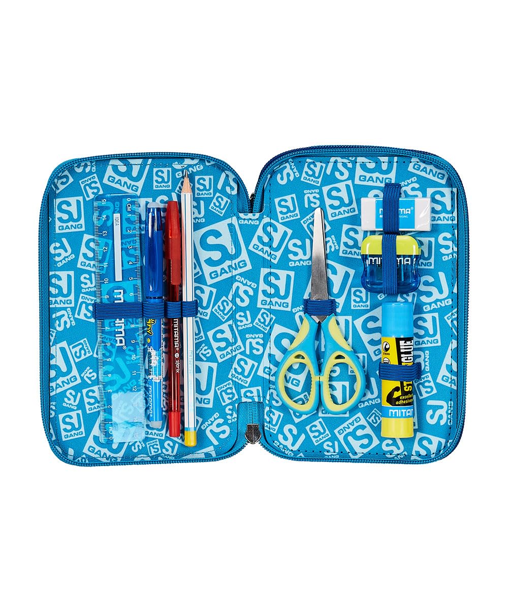 SJ Gang Astuccio Scuola 3 Zip, Blu,Facce Da SJ, Portapenne Triplo Scomparto Completo Di Penne, Matite, Colori, Accessori Zaino, Elementari, Medie, Bambino