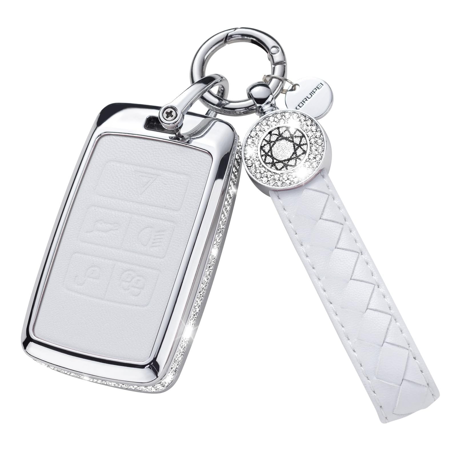 SHANGHONG for Land Rover Key Fob Cover with Keychain, Genuine Leather Crystal Key Case Protection Shell Compatible with Land Rover Vogue Range Discovery Rover Sport (White)