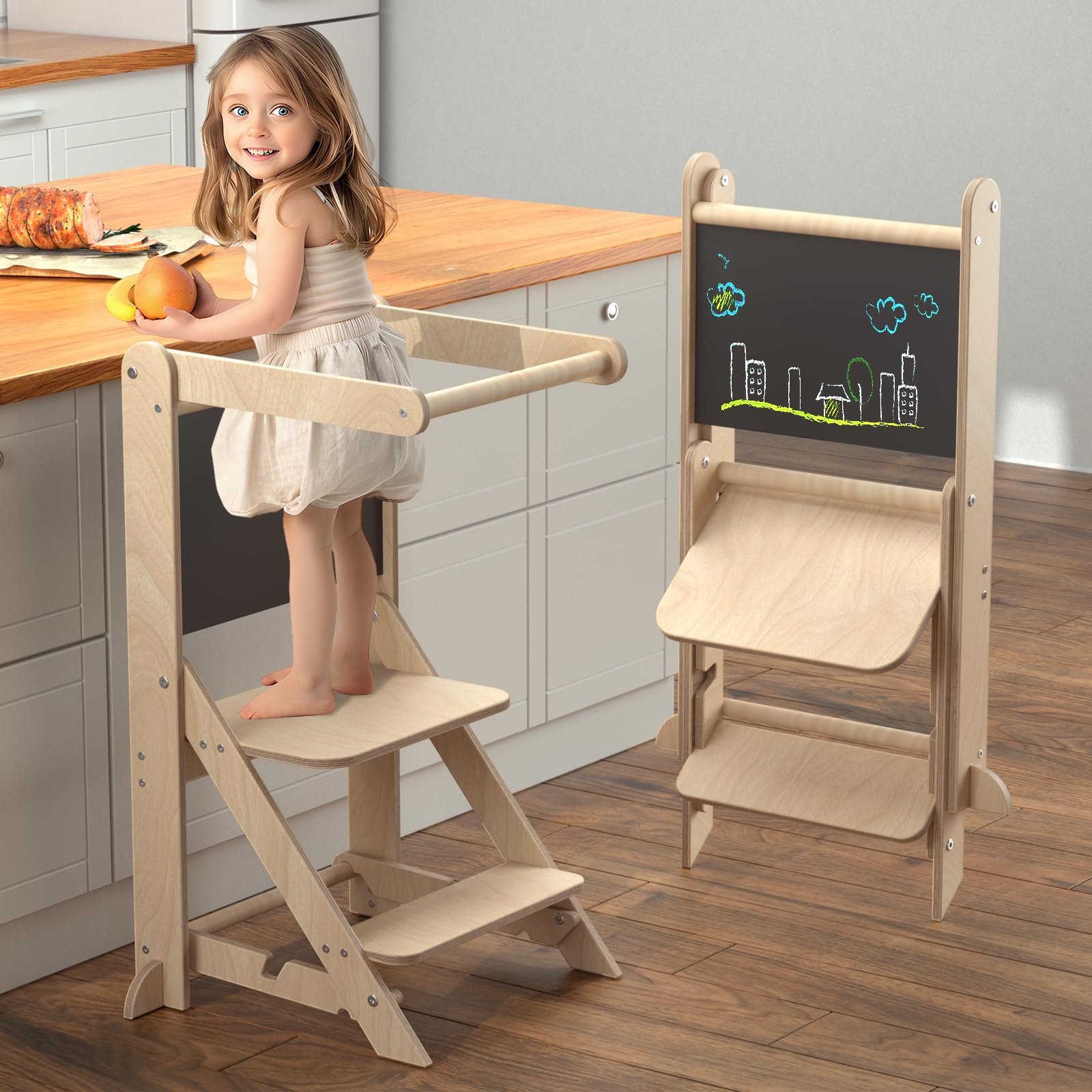 Foldable Learning Toddler Helper Tower, Adjustable Height Toddler Helper Tower, Montessori Kitchen Step Stool for Kids with Safety Rail and Chalkboard for Kitchen and Bathroom, Natural Wood