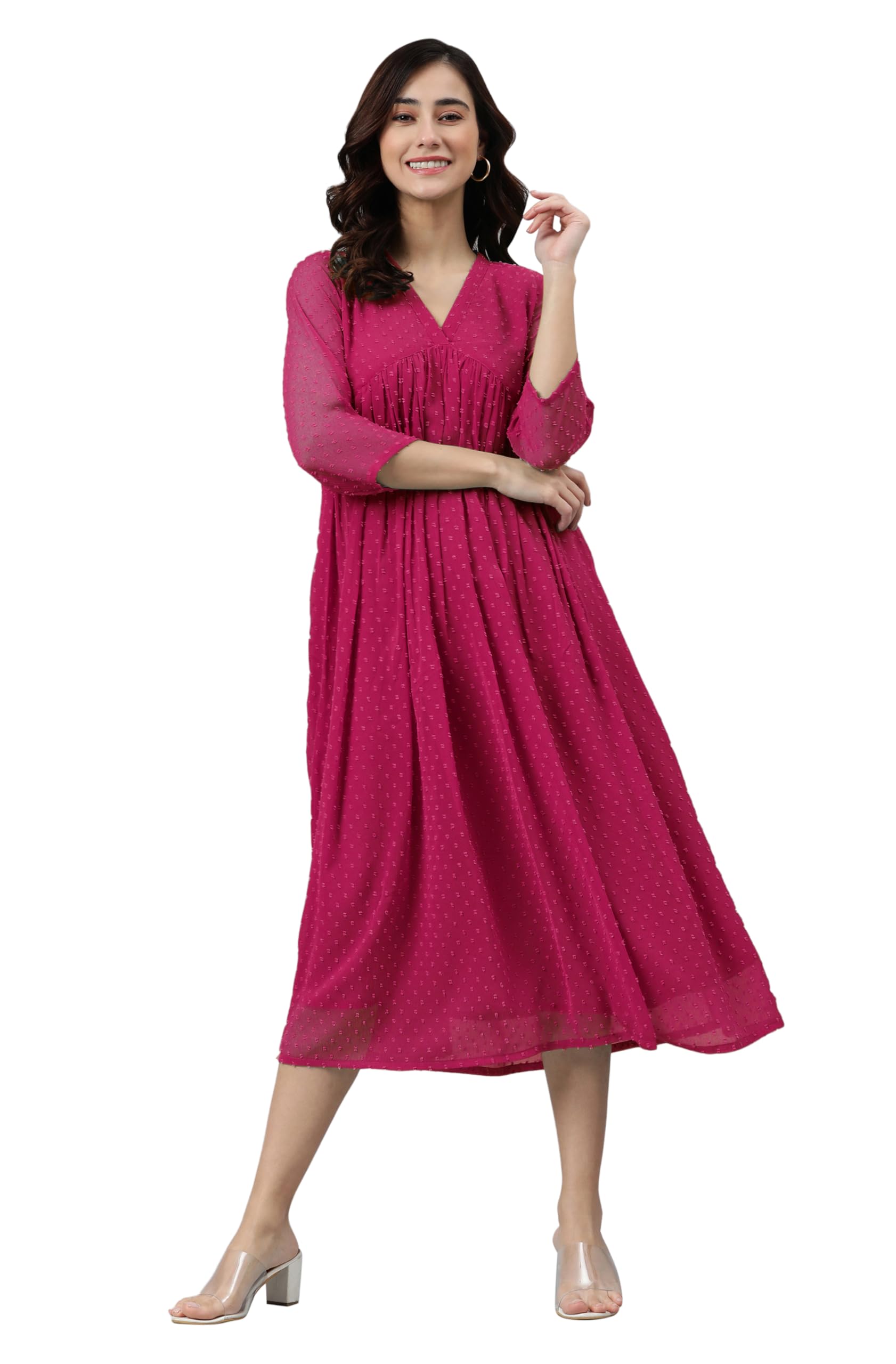 janasya Women'S Dobby Chiffon Woven Design Flared Dress-picture-14