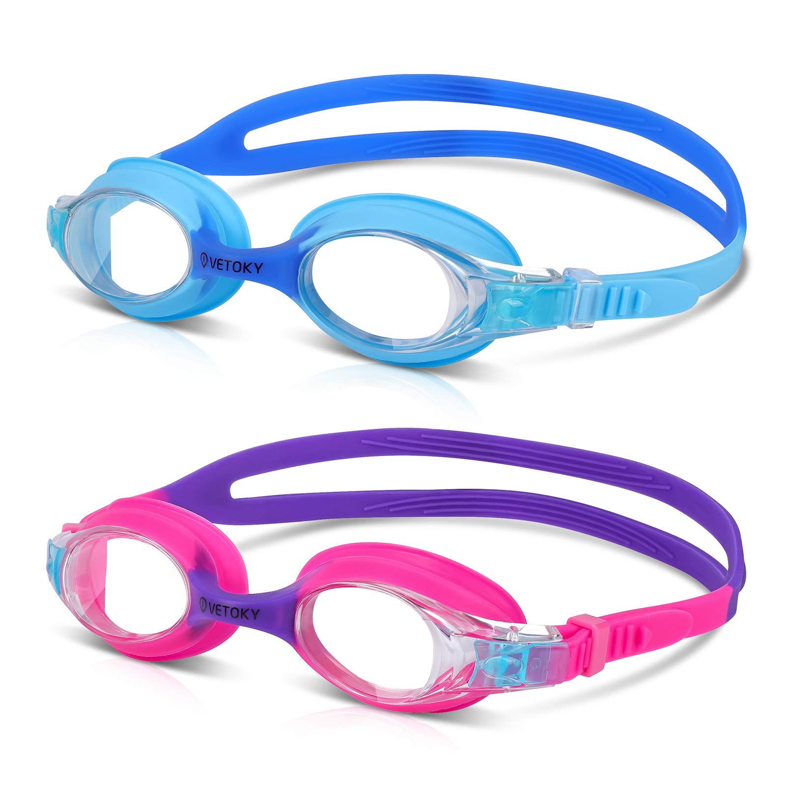 VETOKY Kids Swim Goggles, Pack of 2 Anti Fog Swimming Goggles UV Protection Clear No Leaking for Child and Youth Ages 3-12