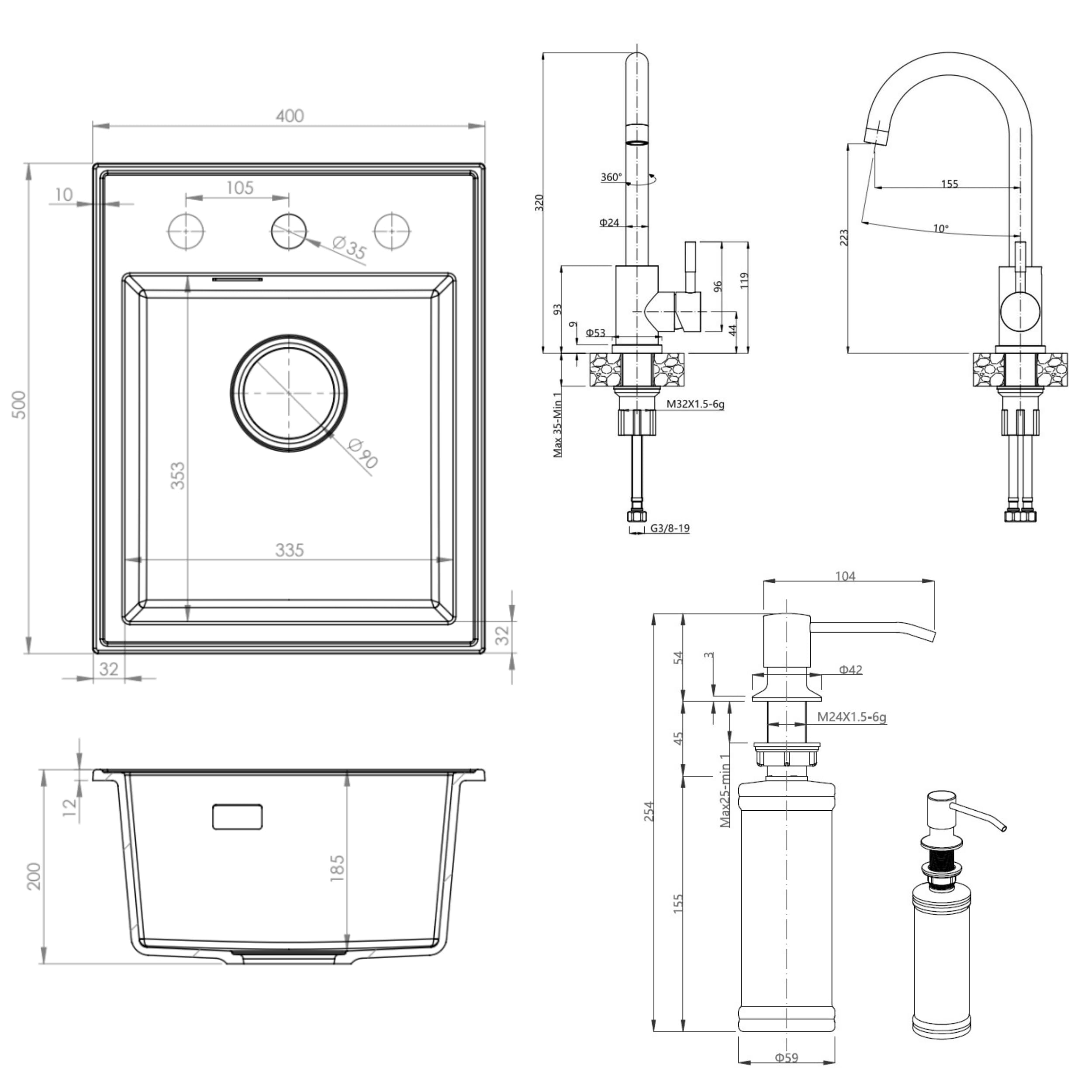 SINK QUALITY - Set completo di lavello in granito, 40 x 50 cm, con rubinetto da cucina, dispenser di sapone, sifone e impregnazione, lavello senza scolapiatti per mobiletti a partire da 40 cm di