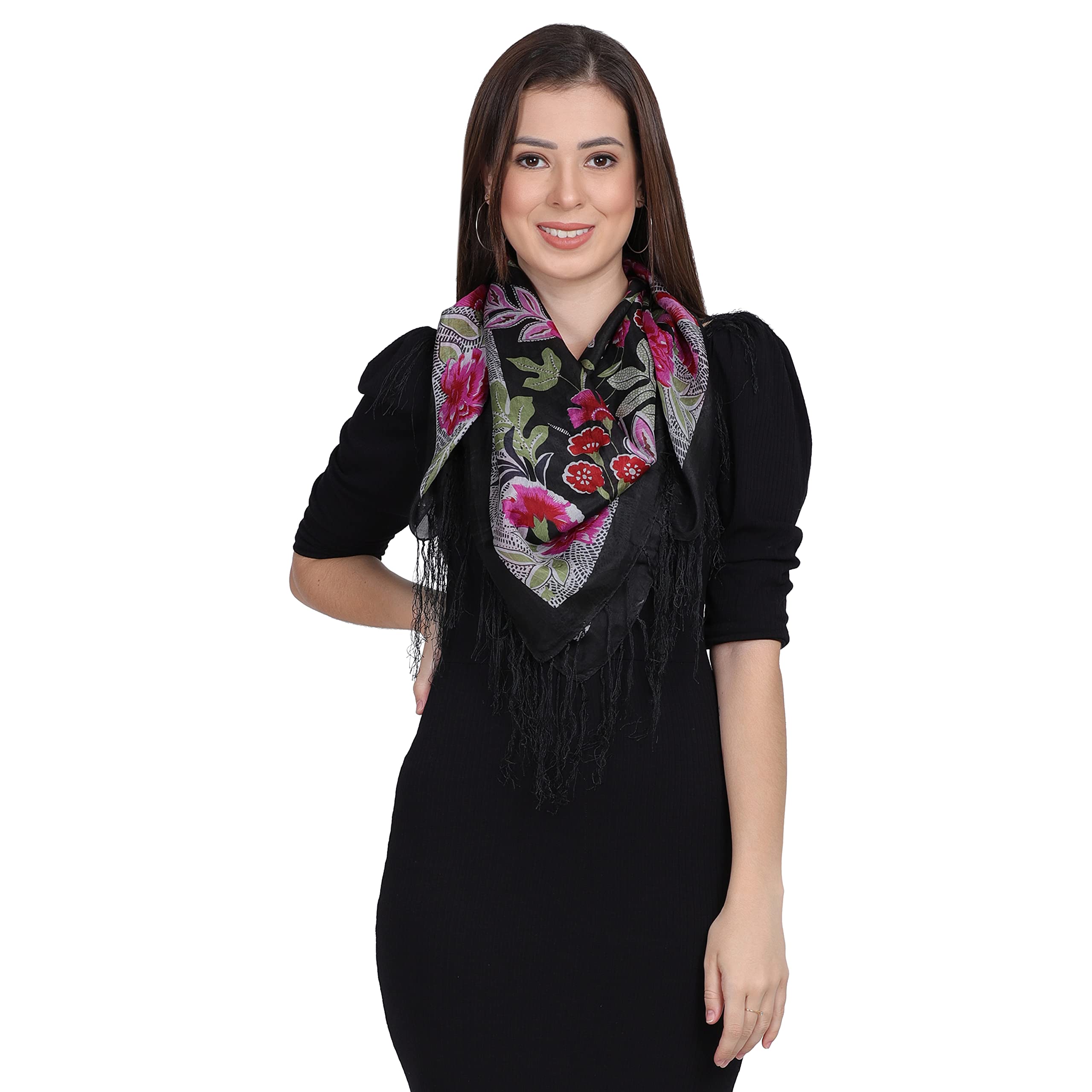 Pure Silk Black Floral Scarf Stole Dupatta-image-17
