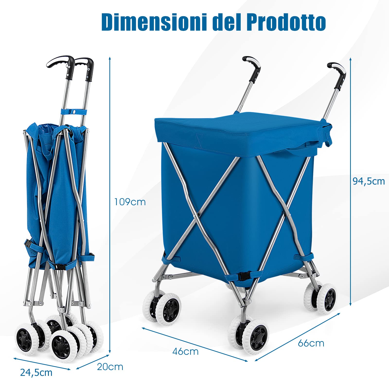 GYMAX Trolley per Spesa Pieghevole, Capienza di 90 L, Portata di 55 kg, Richiudibile e Staccabile, con 4 Ruote, Doppio Manico e Coperchio, Materiale Impermeabile, 46x66x94,5 cm (Blu)
