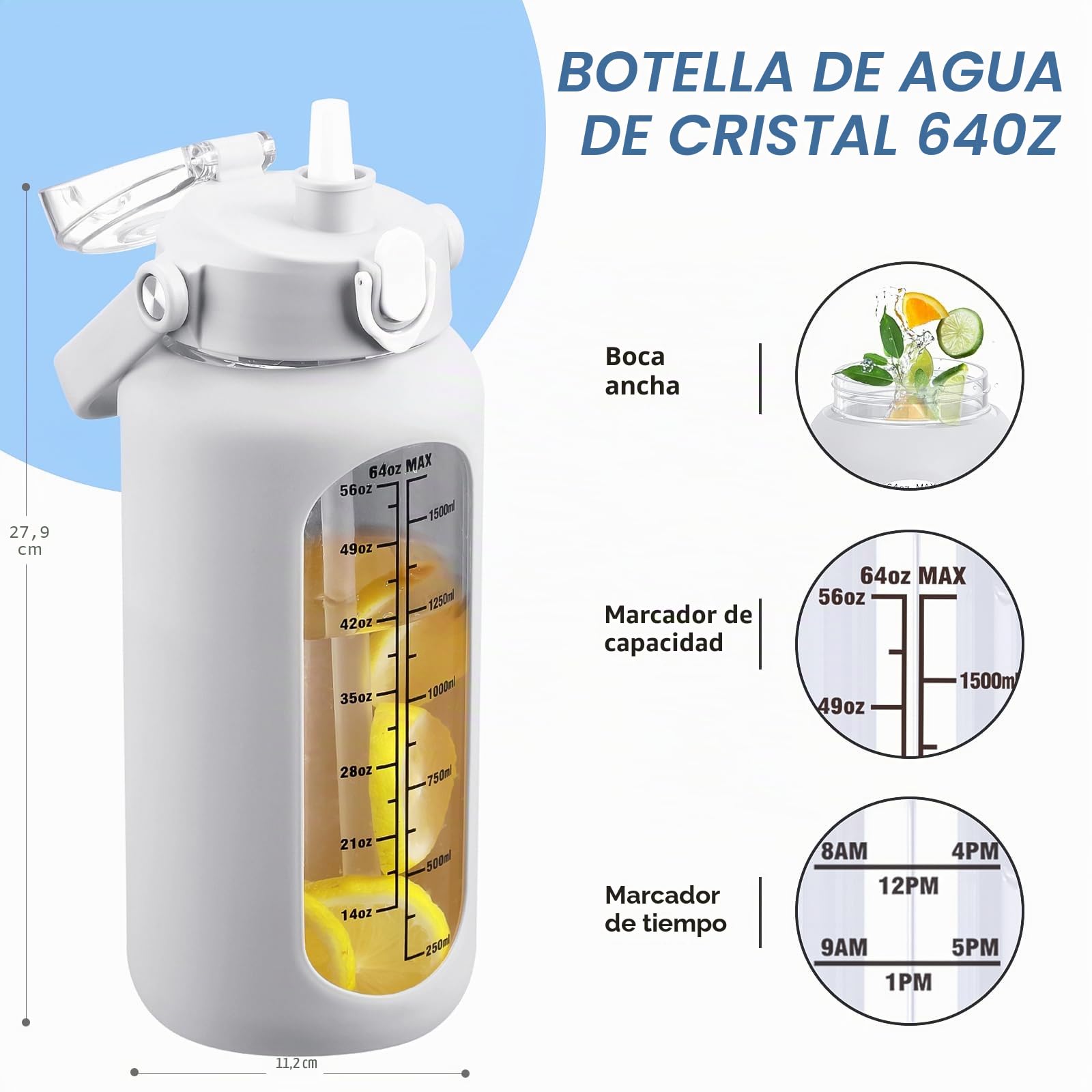 Botella de agua de 2L de vidrio con 2 tapas, tapas abatibles y de sorbos, jarra grande de 2 litros con marcador de tiempo y funda de silicona, libre de BPA, a prueba de fugas para deportes