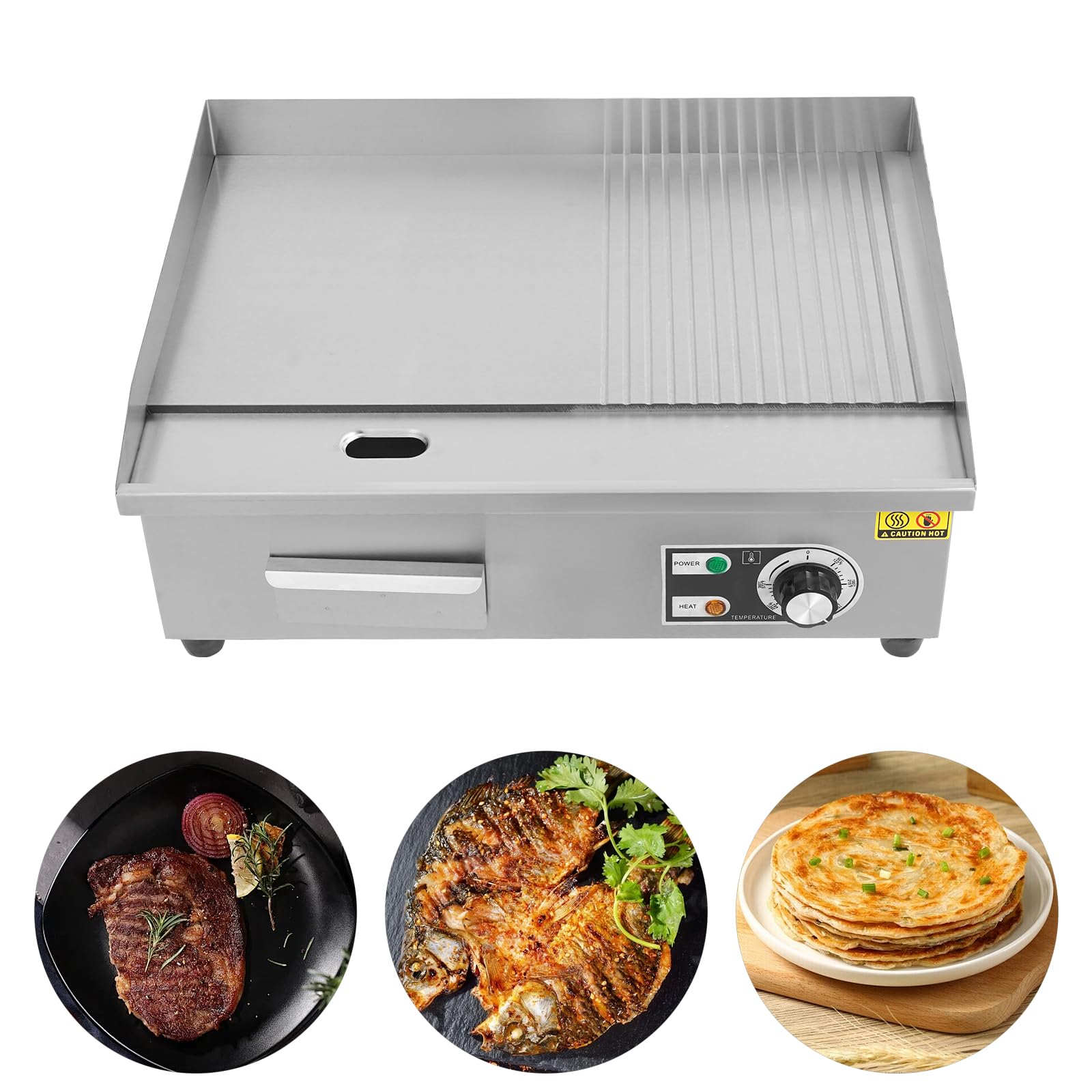 Płyta grillowa, 3000 W, komercyjna, prostokątna, elektryczna płyta grillowa ze stali nierdzewnej, do stołówek, łańcuchów sklepowych, supermarketów (prawa strona wklęsła + 2 łopatki, 2 szczotki)