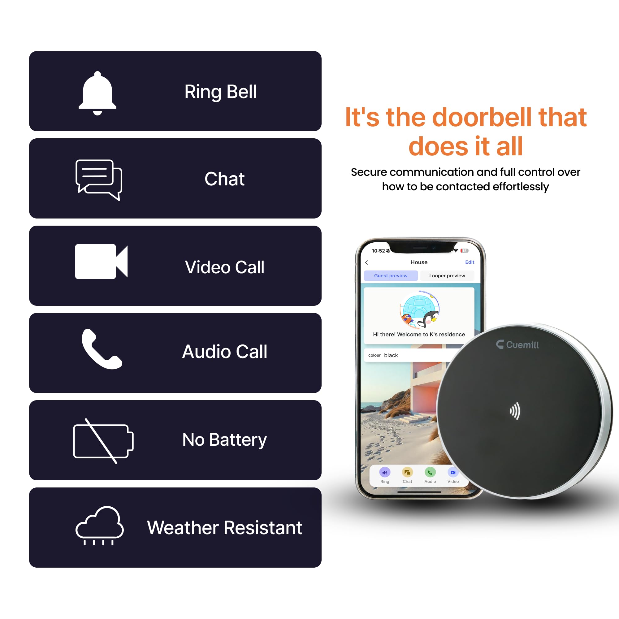 Disco, timbre inteligente, sin cables/baterías/WiFi/suscripción. Tecnología patentada. OEM (minimalista, aluminio mate)