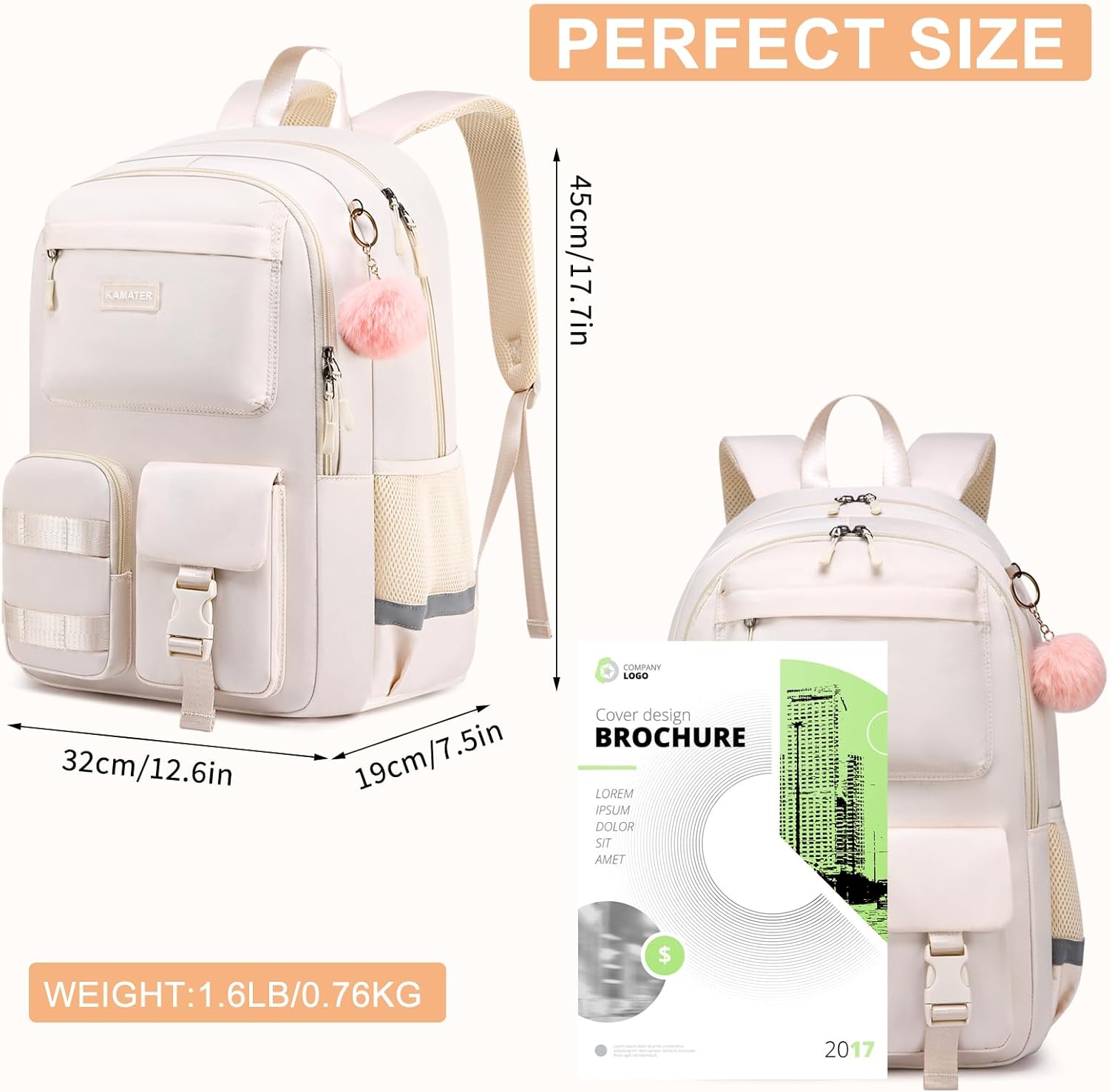Cute School Backpack for Teen Girls & Women Students - Large 15.6 Inch Laptop Bookbag - College Middle School Travel Backpack with Ergonomic Support, Classic Beige