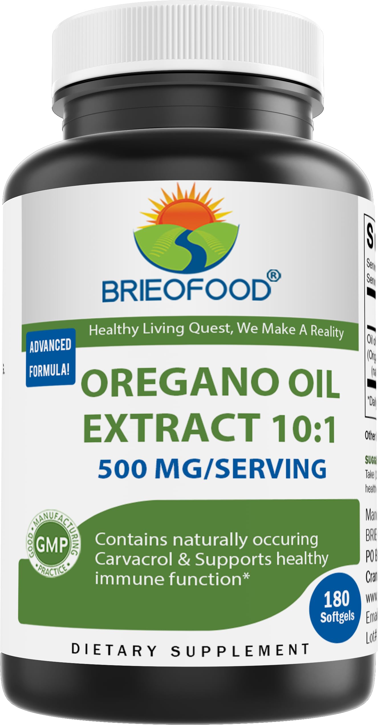 Brieofood Oregano Oil 10:1 Extract 500 mg per Serving - Contains Naturally Occuring Carvacrol - Healthy Immune Function - 180 Softgels