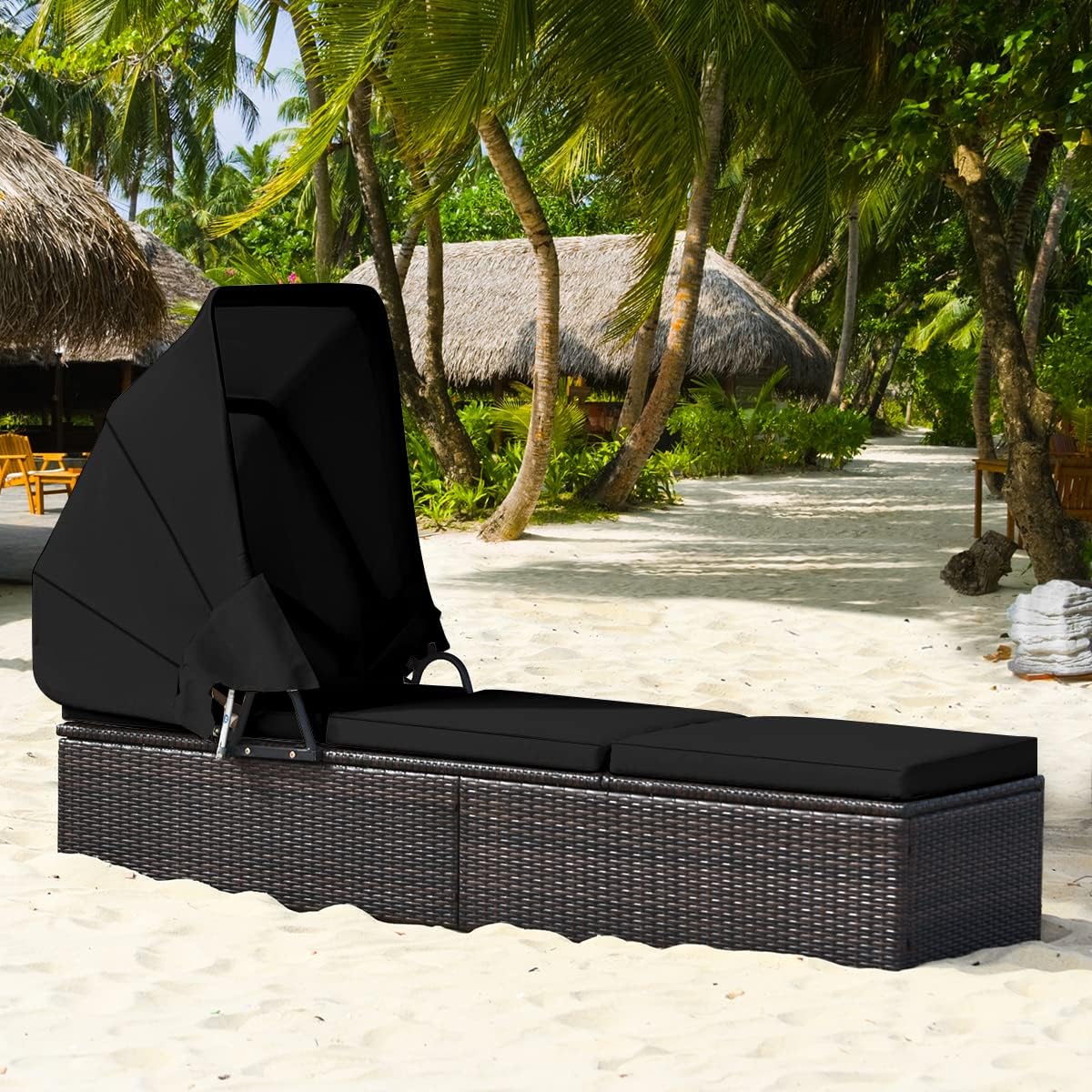 HAPPYGRILL Patio Lounge with Retractable Canopy Outdoor Reclining Chair with Adjustable Backrest Rattan Wicker Lounge Daybed with Coffee Table Sun Lounger for Beach Poolside Backyard Balcony Porch