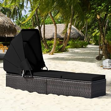 HAPPYGRILL Patio Lounge with Retractable Canopy Outdoor Reclining Chair with Adjustable Backrest Rattan Wicker Lounge Daybed with Coffee Table Sun Lounger for Beach Poolside Backyard Balcony Porch