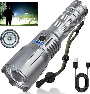 Alicegirl Flashlight High Lumens Rechargeable, 200000 Lumen Super Bright LED Flashlights 5000mAh High Capacity, Waterproof Zoomable Flash Light with 5 Modes for Camping, Emergencies