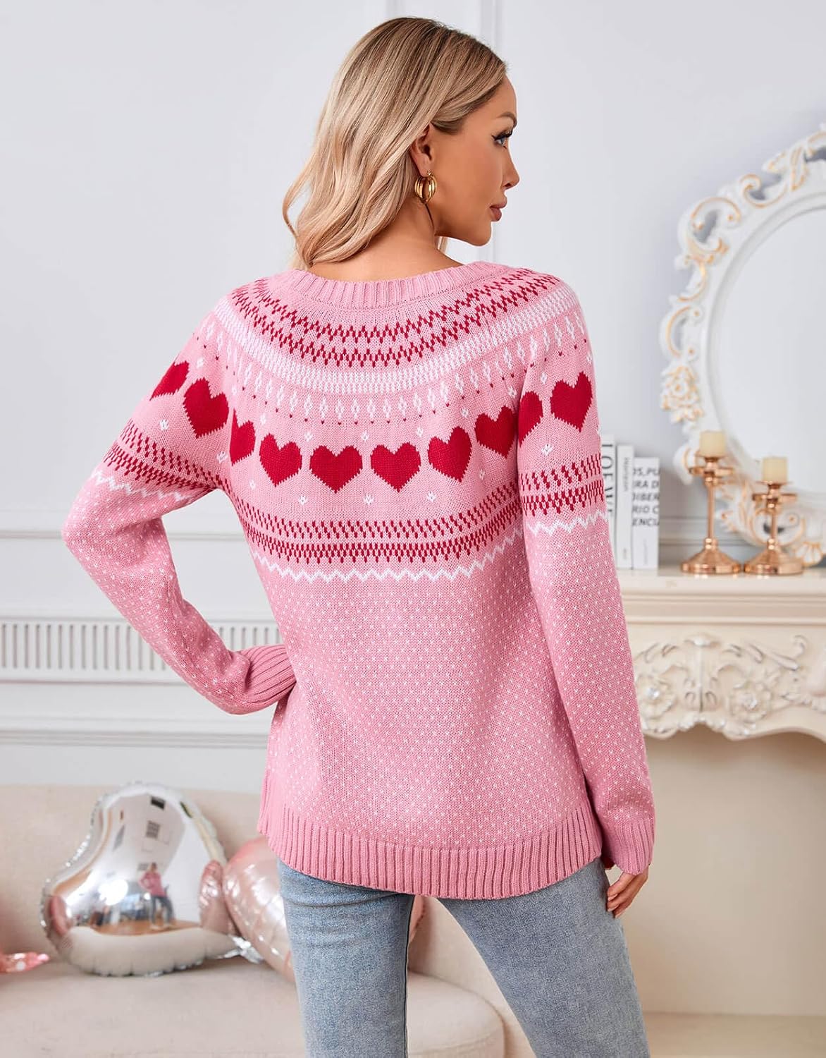 Women's Pullover Sweaters Long Sleeve Crew Neck Cute Multi-Hearts Knitted Casual Sweater - Image 5