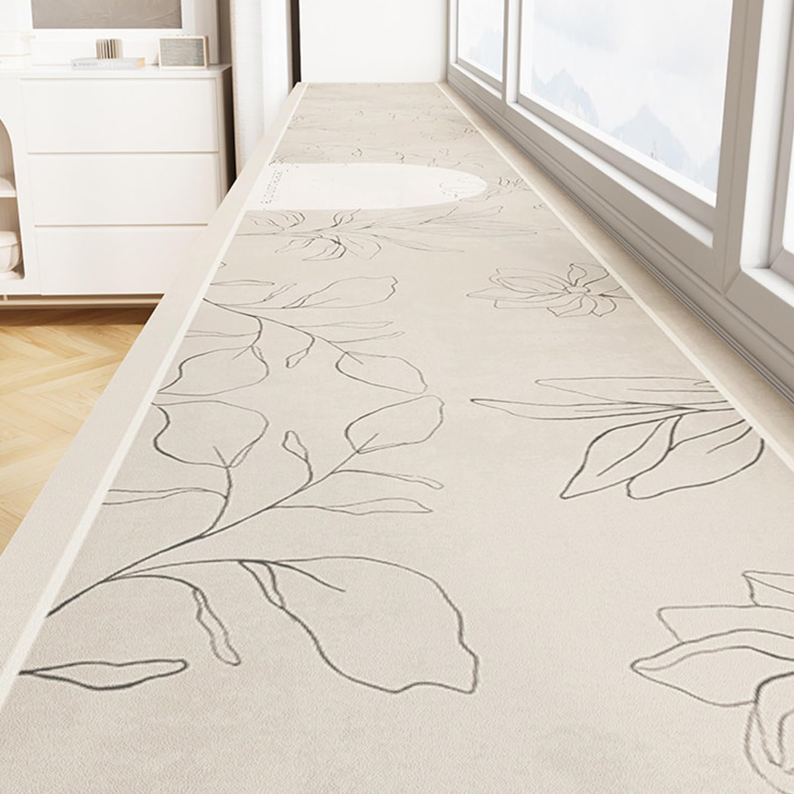 Waterproof Absorbent Window Sill Cushion, Floral Print, Diatomaceous Non-Slip DustProof, Customizable for Bay Windows & Balcony(Beige,120x30cm/47x12in)