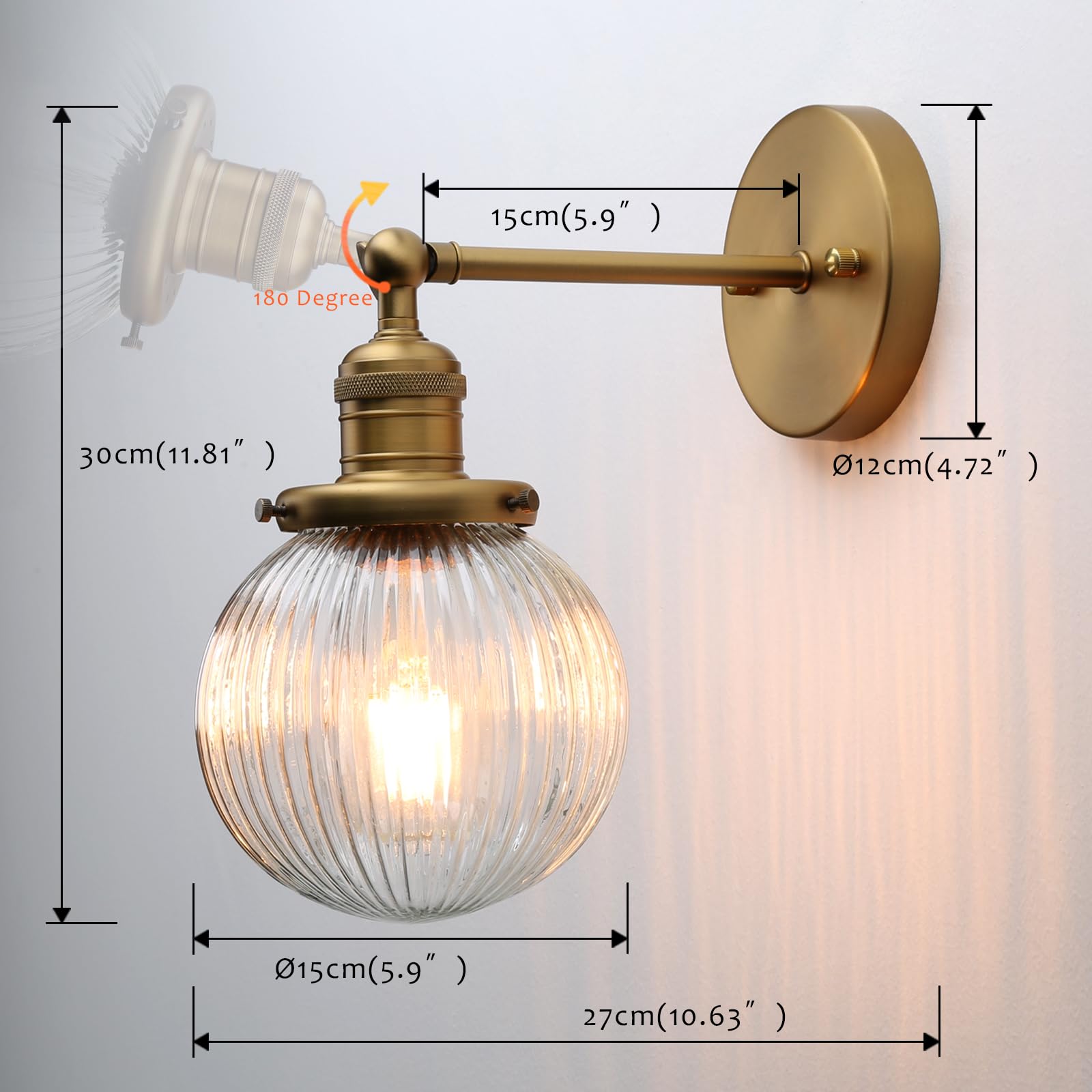 Pathson Industriel Applique Murale Abat-jour en Verre Strié Éclairage Intérieur, E27 Miroir Lampe Murale pour Salon, Salle de bain, Chambre à Coucher (Antique)