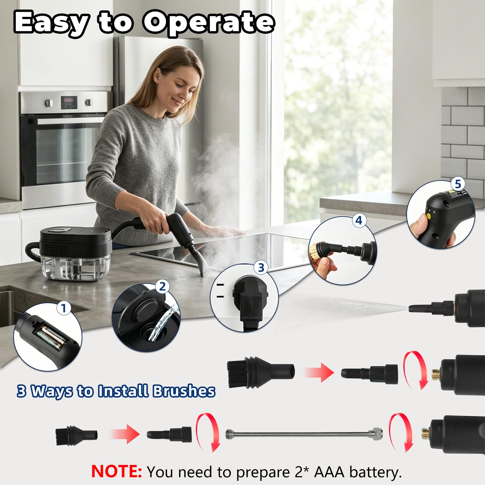 Vaporeta Limpieza Hogar, 2500W Limpiador a Vapor de Mano con Mango Regulable en 3 Niveles y Depósito de Agua 1600ML Limpiadoras a Vapor Portátil para Limpiar Cocinas, Baños, Coches, Ventanas