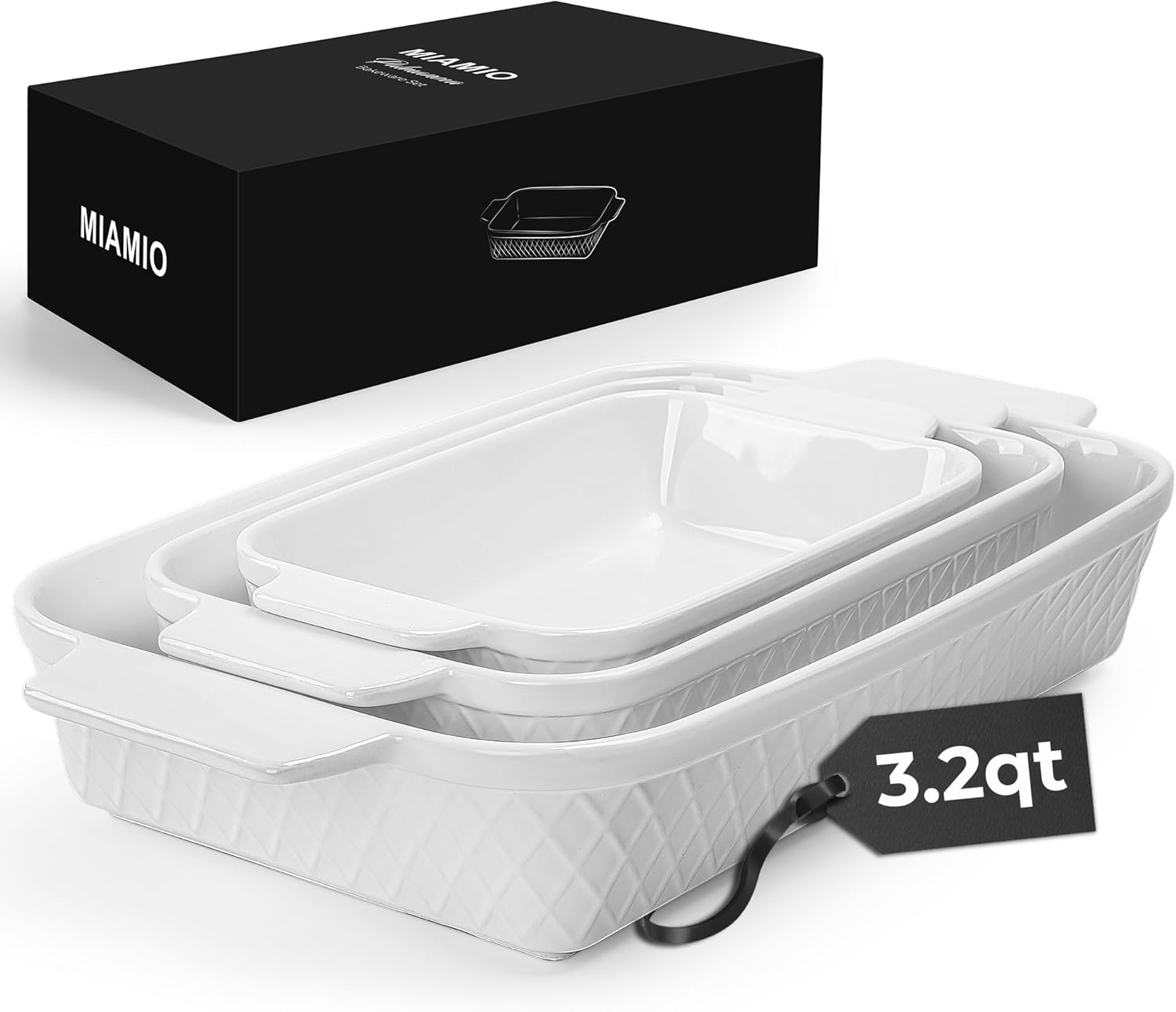 MIAMIO - Casserole Dish Set of 3 / Ceramic Rectangular Baking Pan, 3-Piece Stackable Bakeware Sets, 3.2 Quart - Dishwasher and Oven Safe - Palmanova Collection