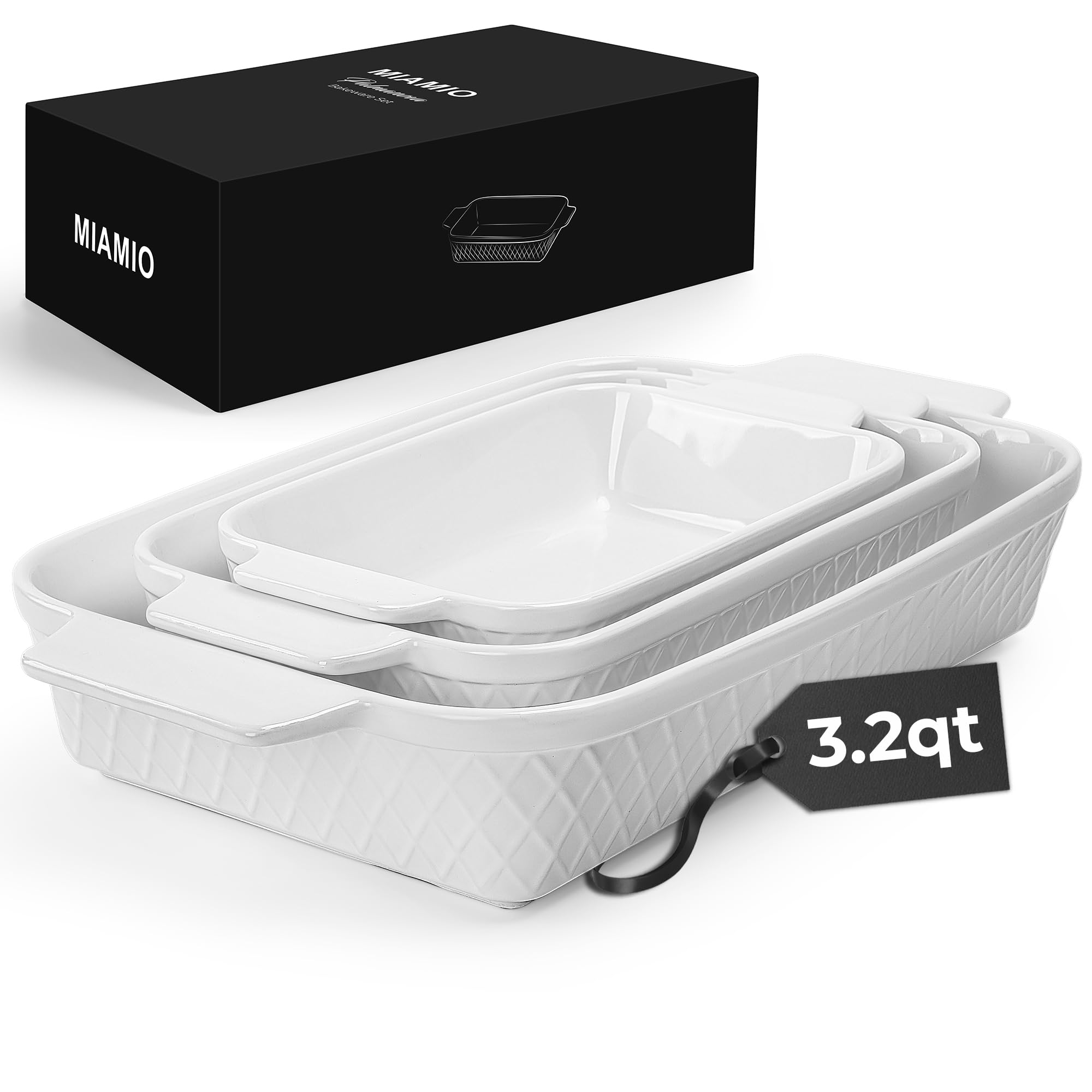 MIAMIO - Casserole Dish Set of 3 / Ceramic Rectangular Baking Pan, 3-Piece Stackable Bakeware Sets, 850 ml, 1650 ml, 2900 ml - Dishwasher and Oven Safe - Palmanova Collection