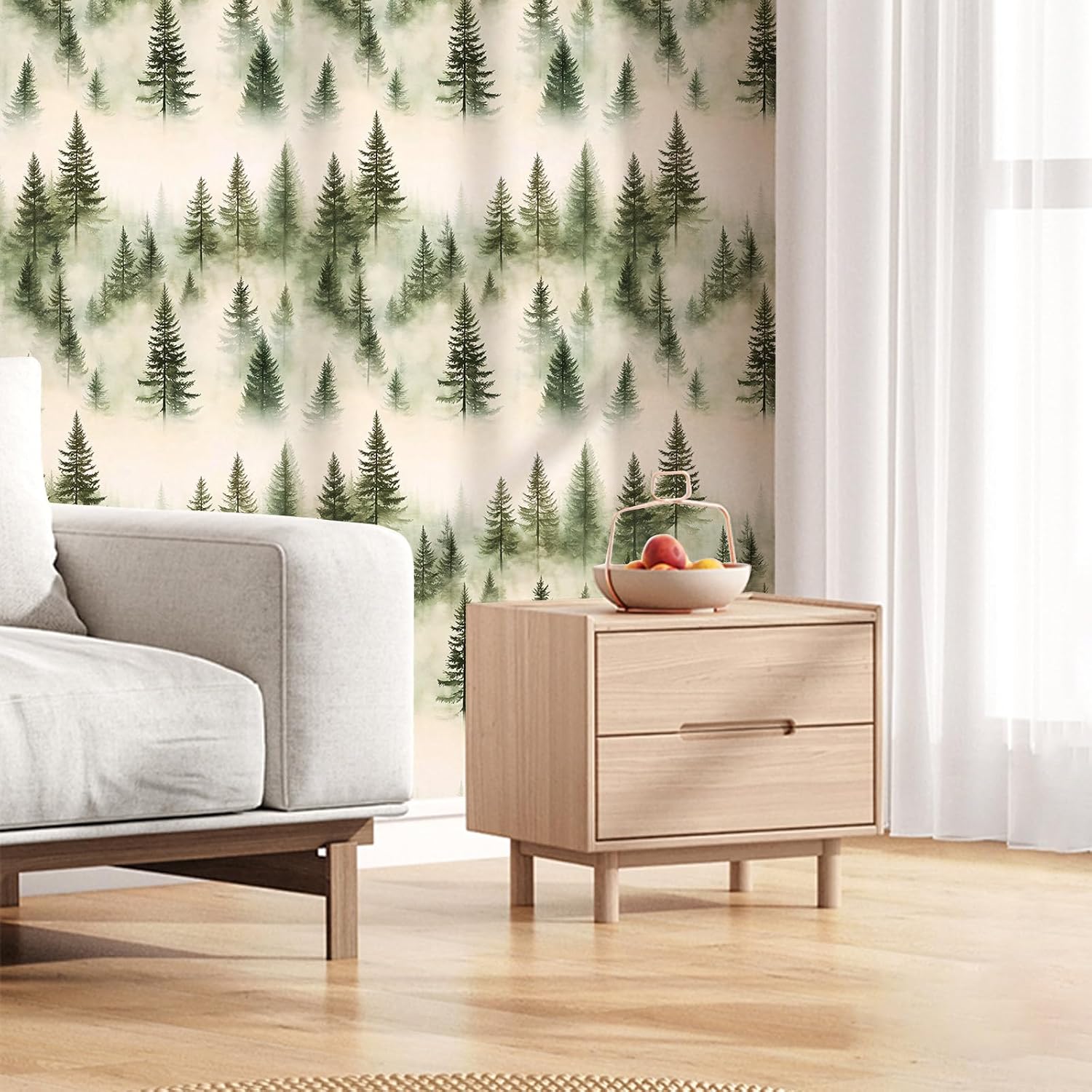 Pine Forest Wallpaper – Modern Nature Green Peel and Stick Wallpaper, Self-Adhesive Vinyl for Tranquil Woodland Home Decor, 17.7in x 236in