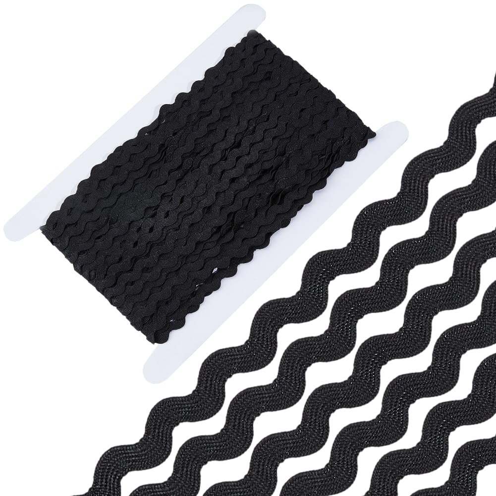 GORGECRAFT 25m Wave Bending Fringe Lace Trim 5mm Rick Rack Trim Black RIC Rac Ribbon Rickrack Zig Zag Woven Fabric Edge Trimming for Sewing Flower Making Wedding Christmas Party