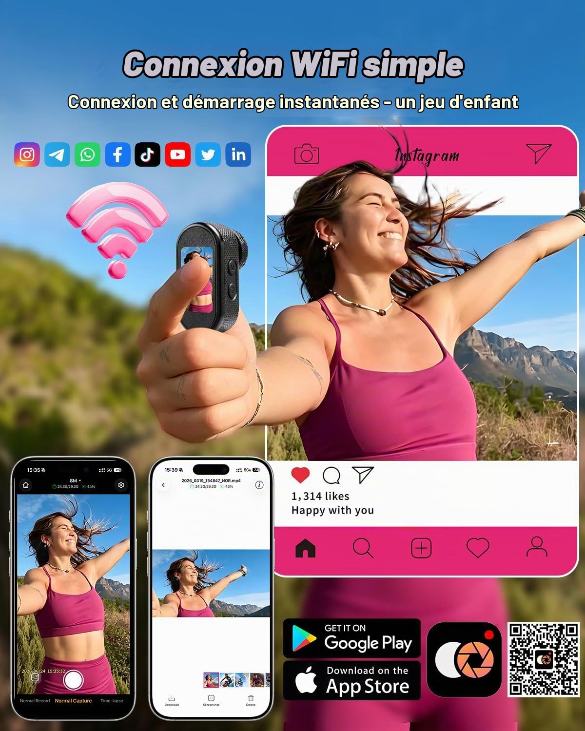Caméra Sport avec Mini Caméra Magnétique Wi-FI, Camera Vlog écran de 1,47", Clip Rotatif à 360°, Grand Angle de 150°, étanche IP65, Dashcam Moto pour Vlogging et Voyage