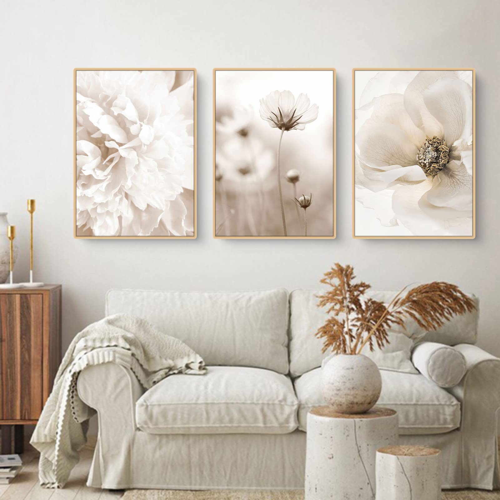 Sarah Duke Juego de 3 pósteres beige modernos murales bohemios de hierba de las Pampas, póster vintage en lienzo, pósteres de pared para salón, imágenes sin marco (50 x 70 cm)