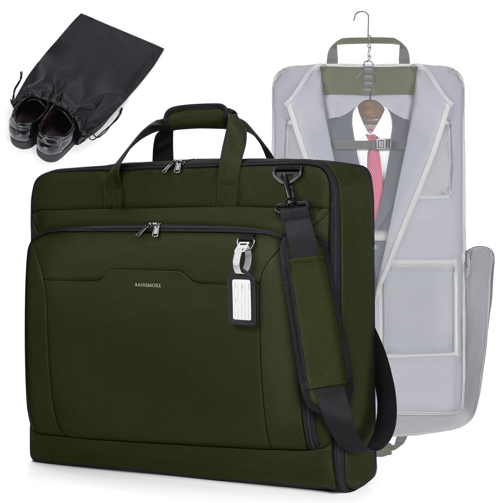 RAINSMORE Garment Bags for Travel Carry On Garment Bag for Hanging Clothes, Suit Bag for Business Trips with Shoes bag & Shoulder Strap, Waterproof Foldable Suit Luggage Bag for Men Women, Green