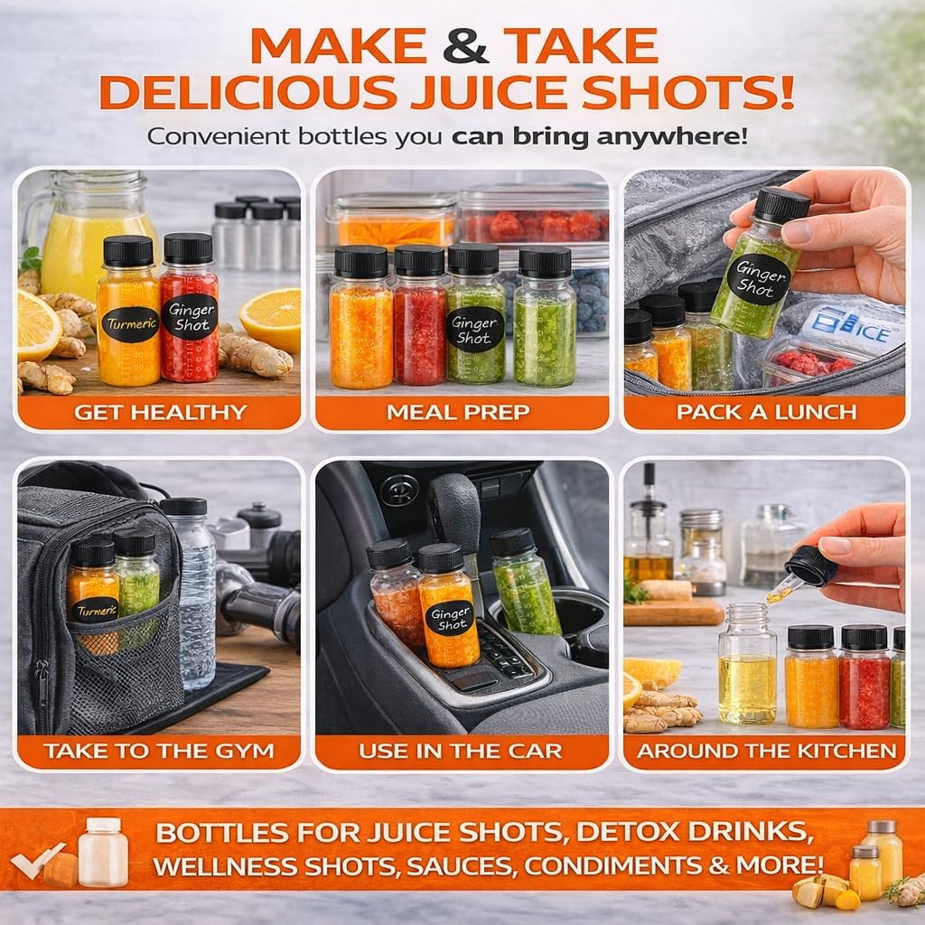 150 Pack 3 oz Plastic Juice Shot Bottles with Caps, Scale, Labels & Funnels, Clear Mini Portion Bottles for Ginger Shots, Sauces, Travel Liquids